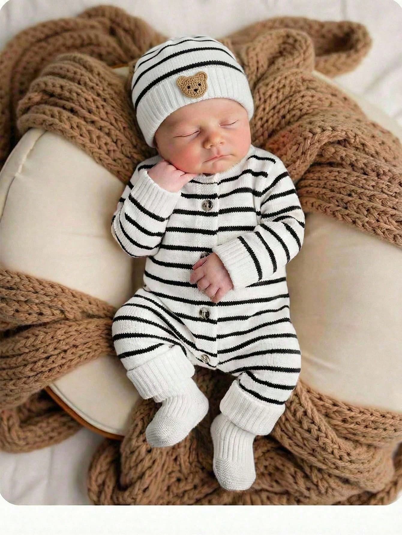 SHEIN Newborn Baby Girl Cute Knitted Jumpsuit, Footie & Hat Set, Versatile For Autumn/Winter