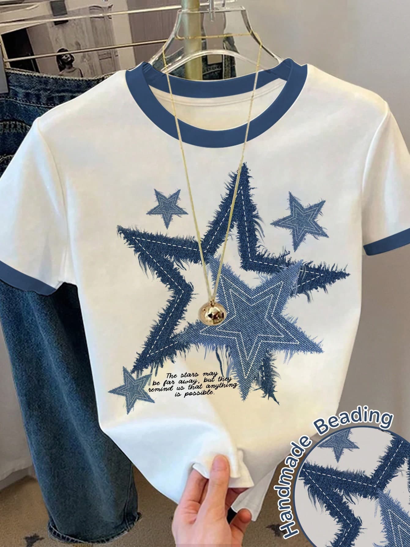 Tween Girl Star Print Graphic Loose Casual Contrast Color Block Round Neck T-Shirt,Suitable For White Summer School Everyday Wear,Vacation Blue Tee