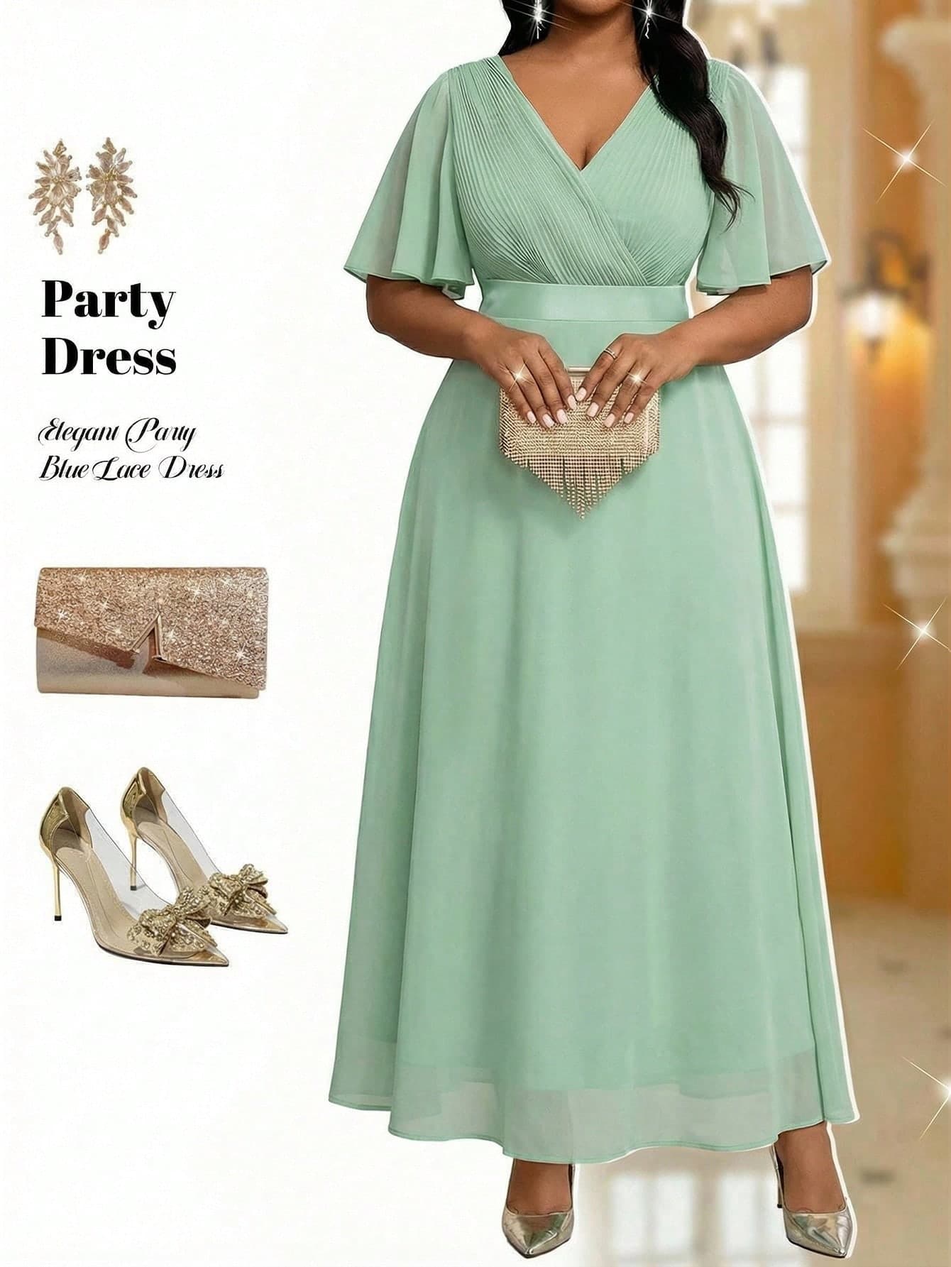 Fleurora Plus Size Sage Green Elegant Summer Wedding Guest Dress,Women Solid Short Sleeve Ruffle Hem Wrap Waist Graduation Festival Party Dress,Beach Dress