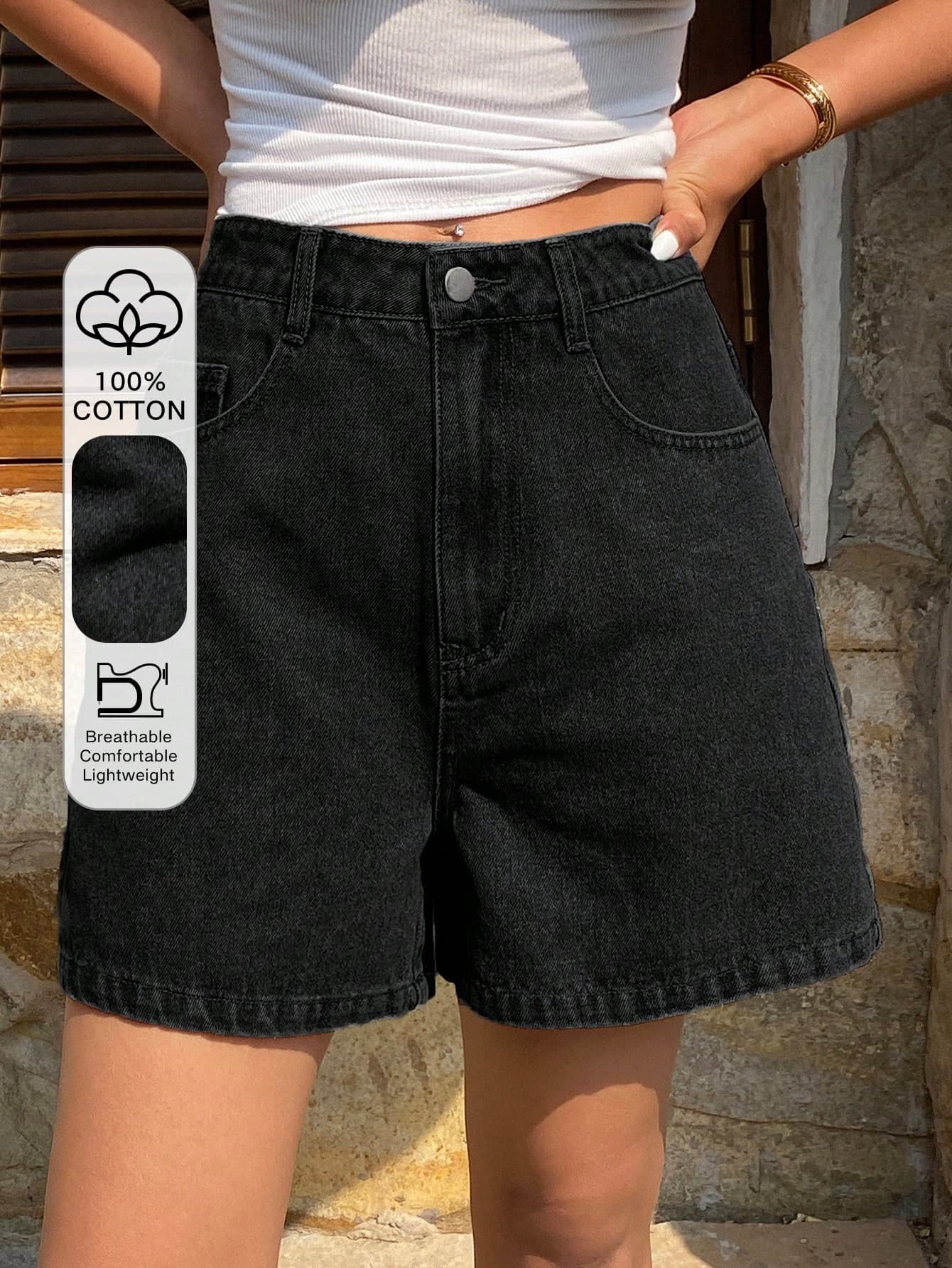 Livesso Petite Women's Summer Casual Daily Commute Minimalist Versatile Solid Color Loose Denim Shorts ,Petite Women