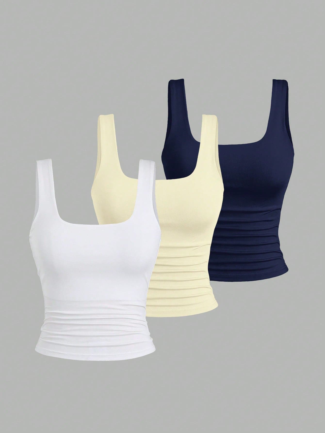Sweetra Women's Solid Color Square Neck Pleated Fitted Casual Tank Top 3 Packs Tops Tank Tops Women Top