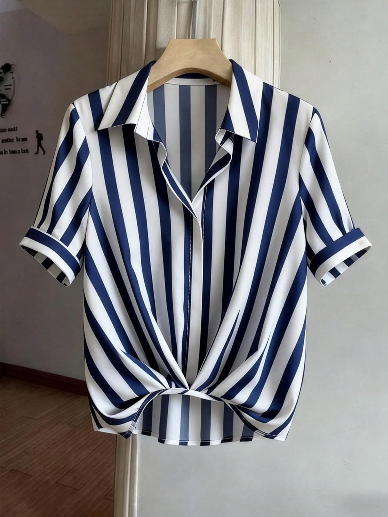 GlowEve Women's Navy Blue Digital Print Striped Loose Turndown Collar Short Sleeve Gathered Waist Slim Elegant Unique Design Blouse For Work