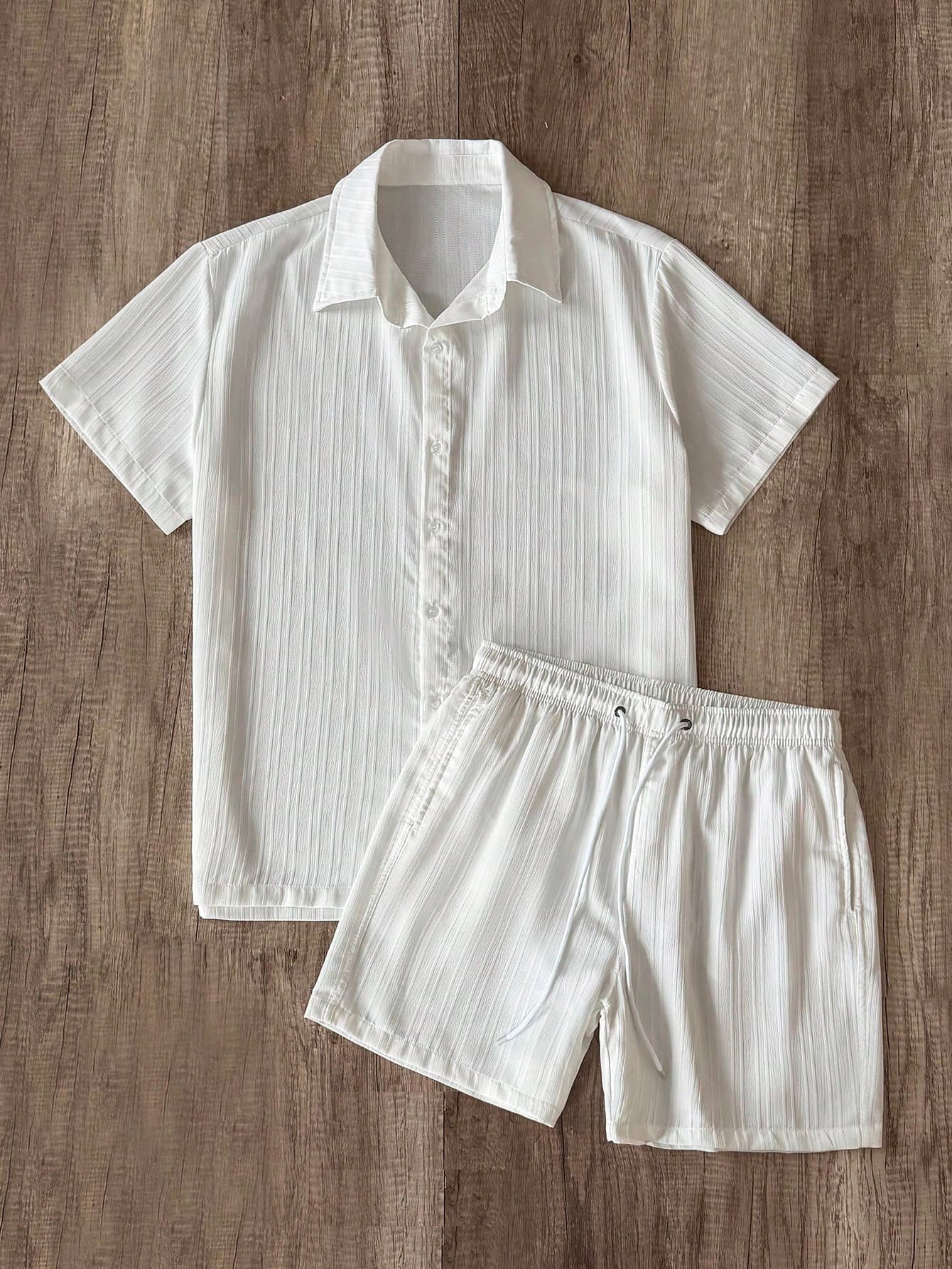 Manfinity Joysei Men's Solid Color Short Sleeve Shirt And Shorts Casual Beach Set, Simple And Fashion For Daily Wear Men Swim Trunks