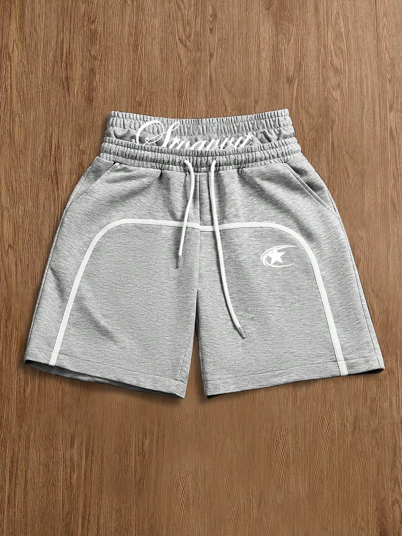 SWAVVY Men's Summer Casual Grey Streetwear Gym Shorts,Double Waistband Drawstring Letter & Star Print Contrast Piping Fashionable Sports Street Wear Shorts