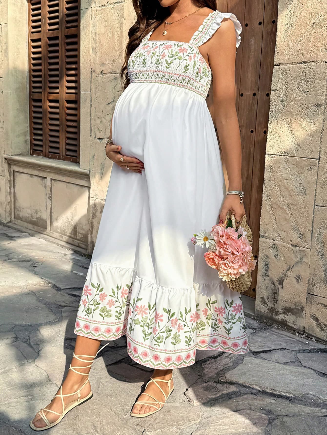 Lyckli Maternity White Floral Print Ruffle Hem Vacation Dress,Casual Summer Holiday Outfits For Women,Spring Break Boho Pregnancy Sundress,Beach Dress