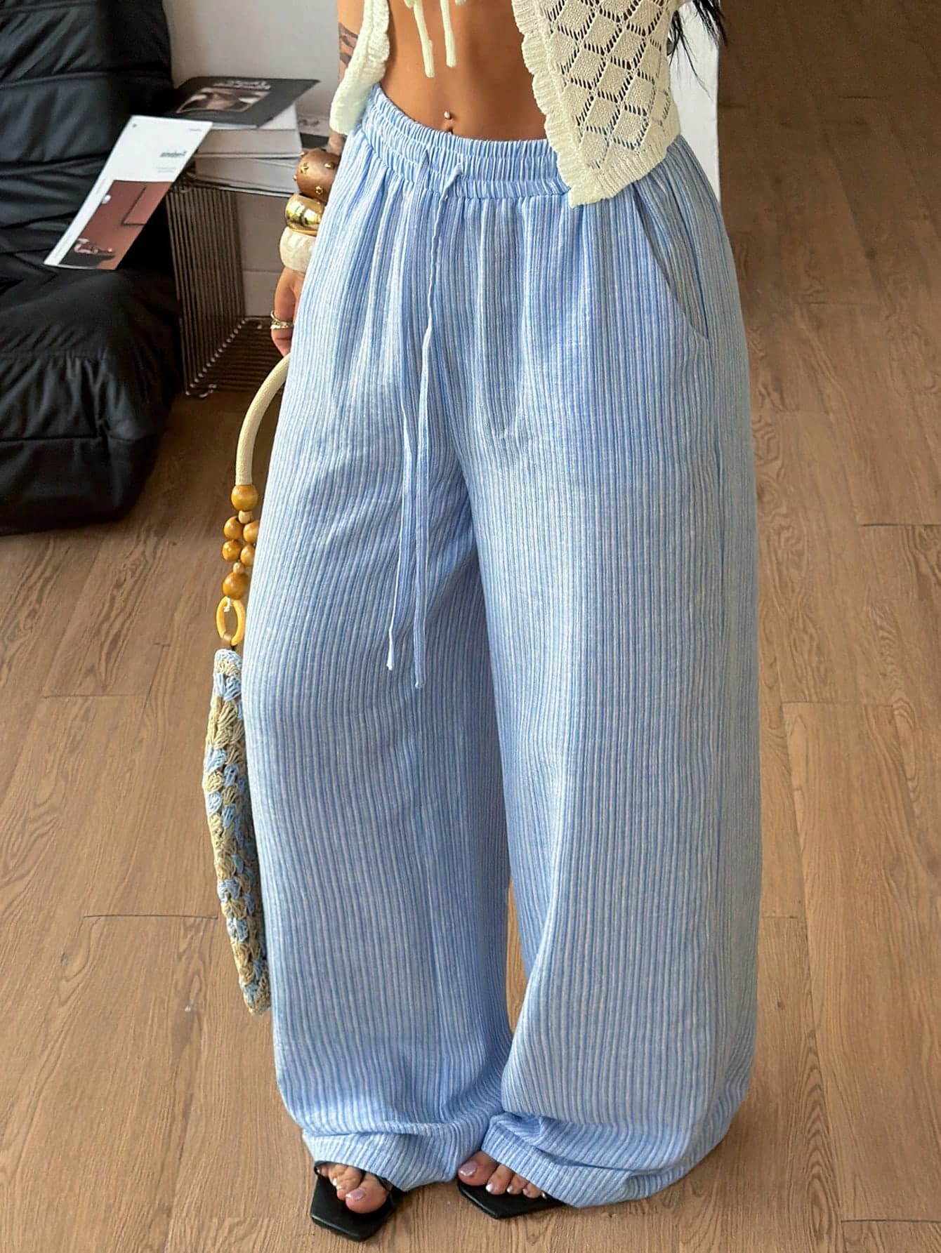 Coolane Women's Summer Casual Beach Holiday Boho Old Money Comfortable Striped Print Drawstring Waist Loose Wide Leg Pants