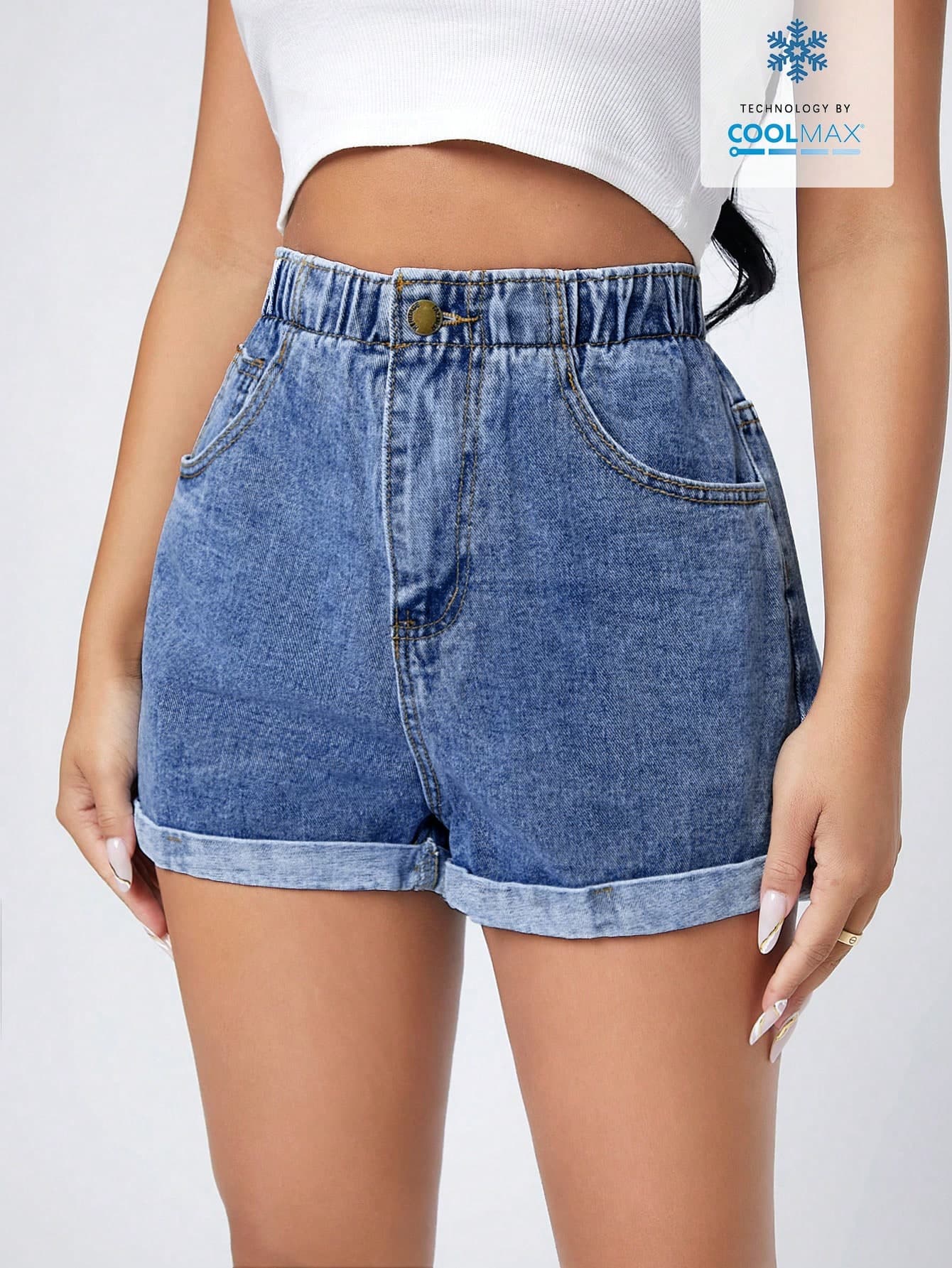 Flexra Summer Vacation Y2K Casual Chic High Waist Rolled Hem Denim Shorts Light Blue Dark Indigo With Pockets Daily Wear Occasion Women's Denim Shorts
