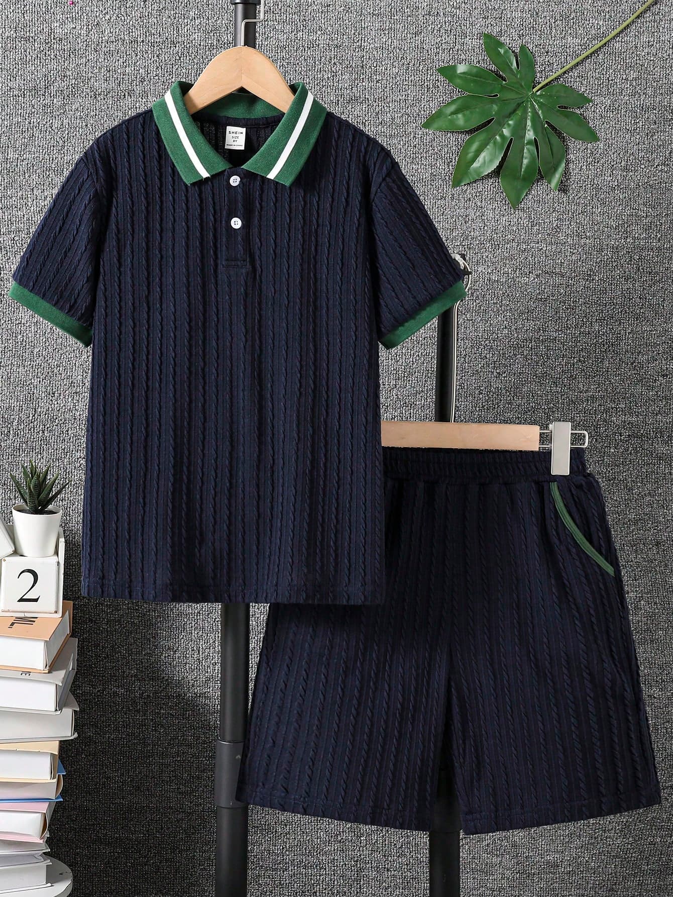 2pcs/Set Toddler Boys' Contrast Trim Short Sleeve Top And Shorts Set