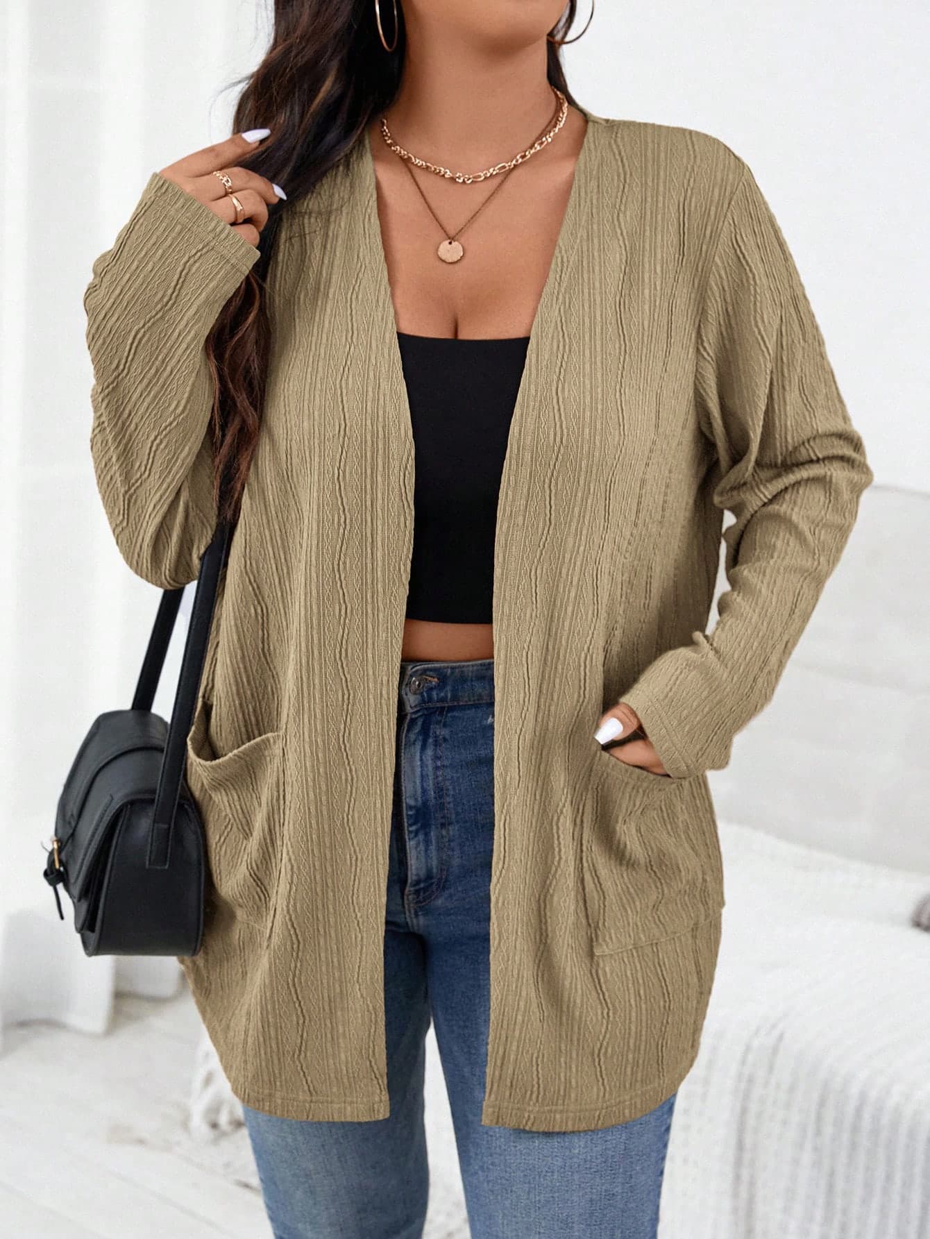 SHEIN Essnce Plus Size Women's Autumn New Fashion Fall Long Sleeve Dual Pocket Open Front Coat, Business