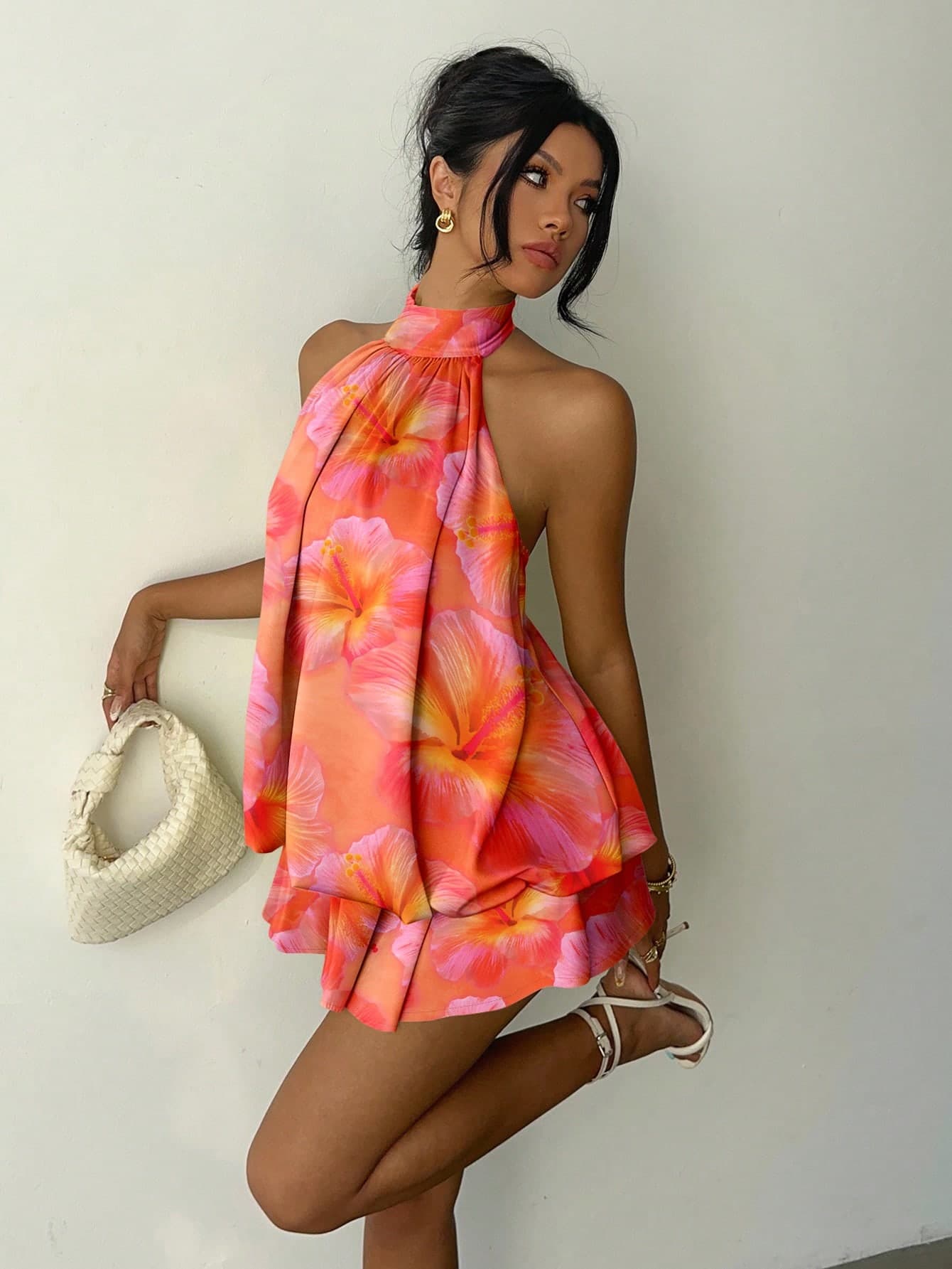 Aloruh Women's Elegant Burnt Orange Floral Print Backless Mini Dress,Summer Casual Holiday Vacation Holiday Sunset Beach Wedding Guest Party Outfit