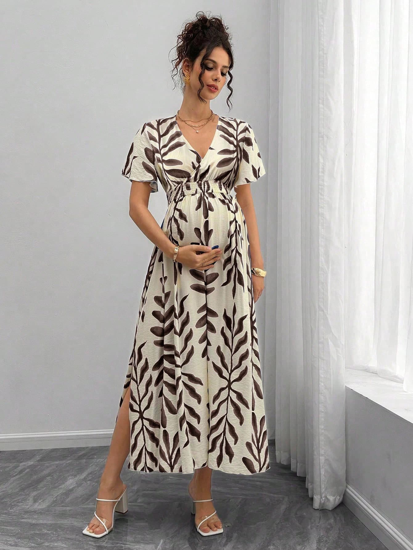 Momance Maternity All-Over Print Shirred Casual Short Sleeve Dress