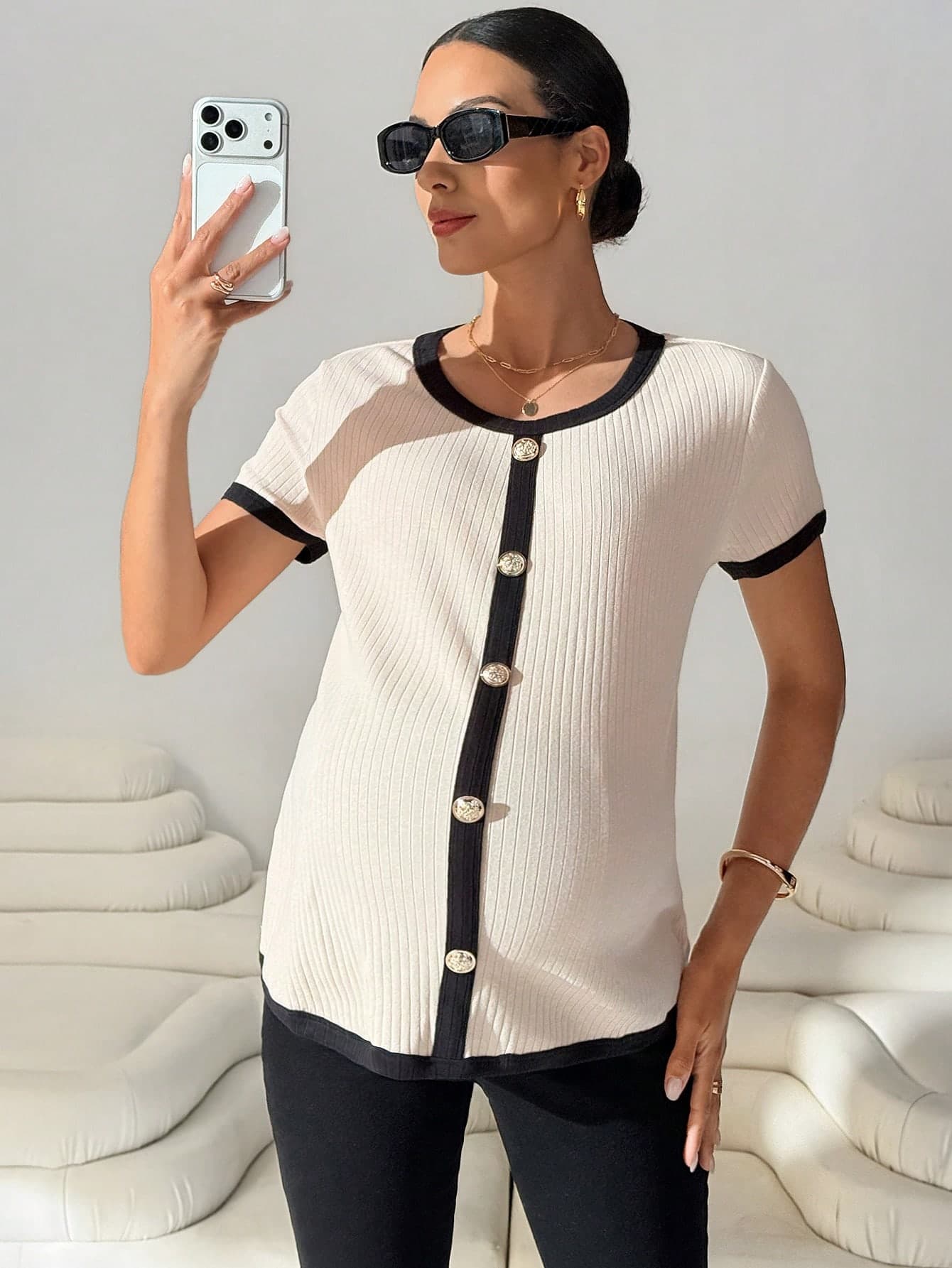 MaterniWear Maternity Elegant Summer Ribbed Knit T-Shirt,Everyday Black And White Contrast Trim Short Sleeve Cardigan Tops,Business Casual Work Clothes For Women