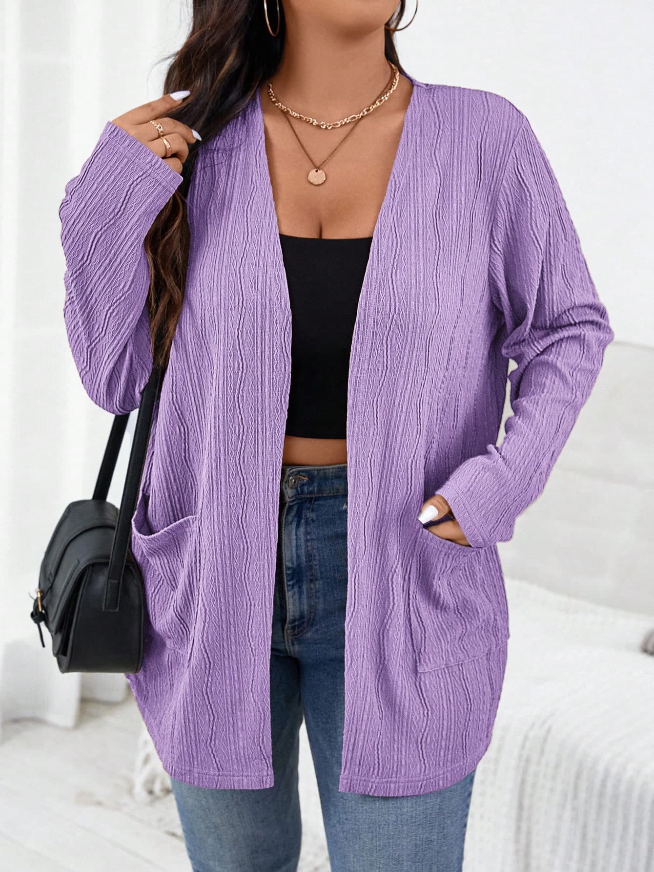 SHEIN Essnce Plus Size Women's Autumn New Fashion Fall Long Sleeve Dual Pocket Open Front Coat, Business