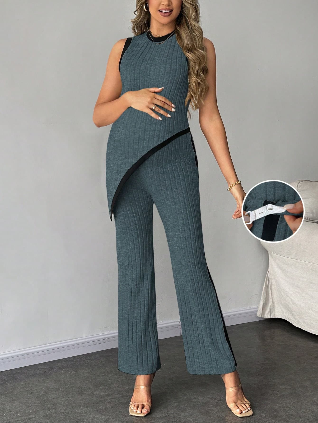 SHEIN Maternity Summer Casual Contrast Trim Asymmetric Hem Ribbed Tank Top And Pants 2 Pieces Set