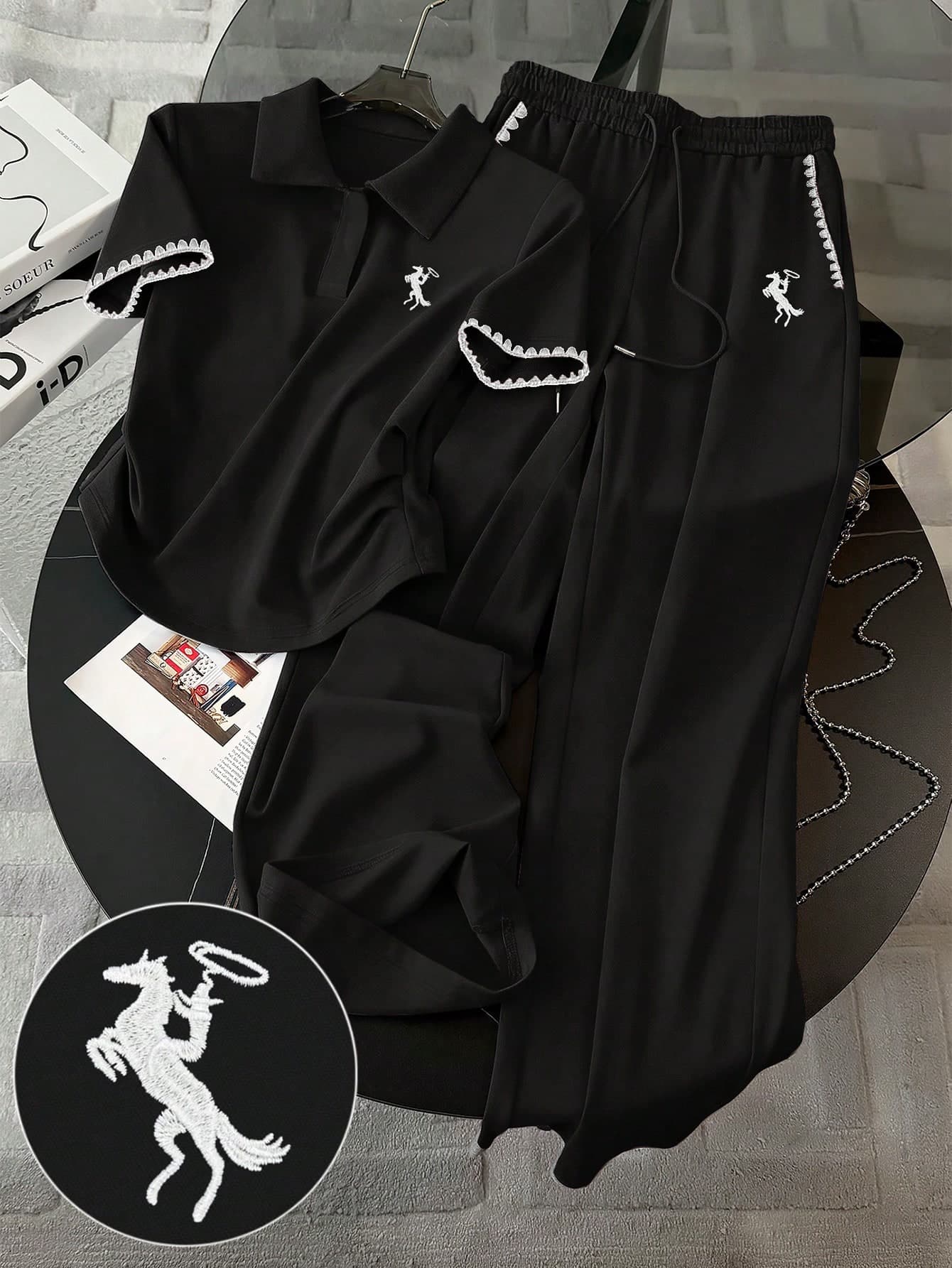 Resyla Lace Embroidery + Embroidered Fashionable Minimalist Women's Polo Collar T-Shirt + Pants Set, Gift For Friends