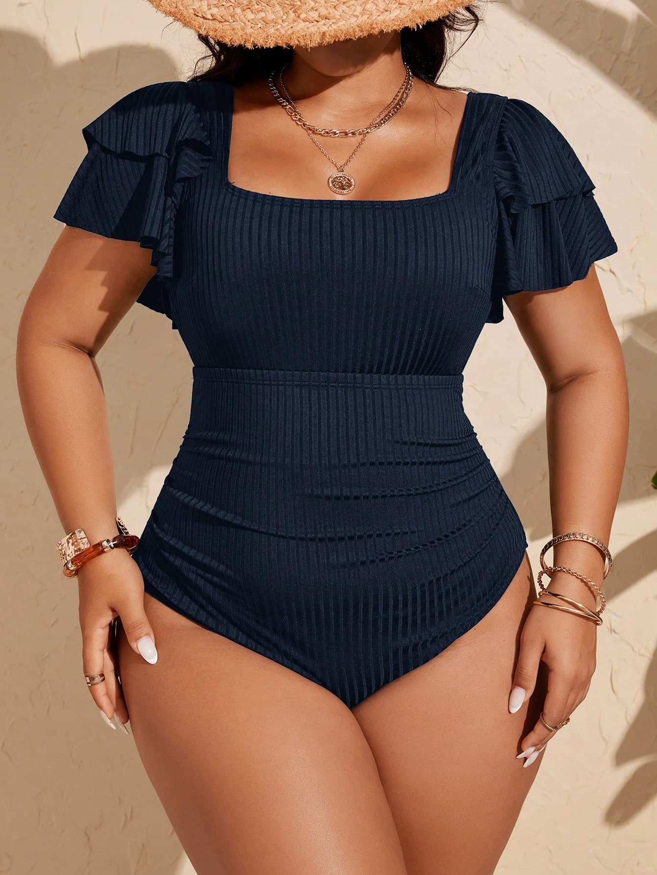 Swim Lushoire 2026 New Summer Beach Vacation Ruffled Puff Sleeve Plus Size One-Piece Swimsuit