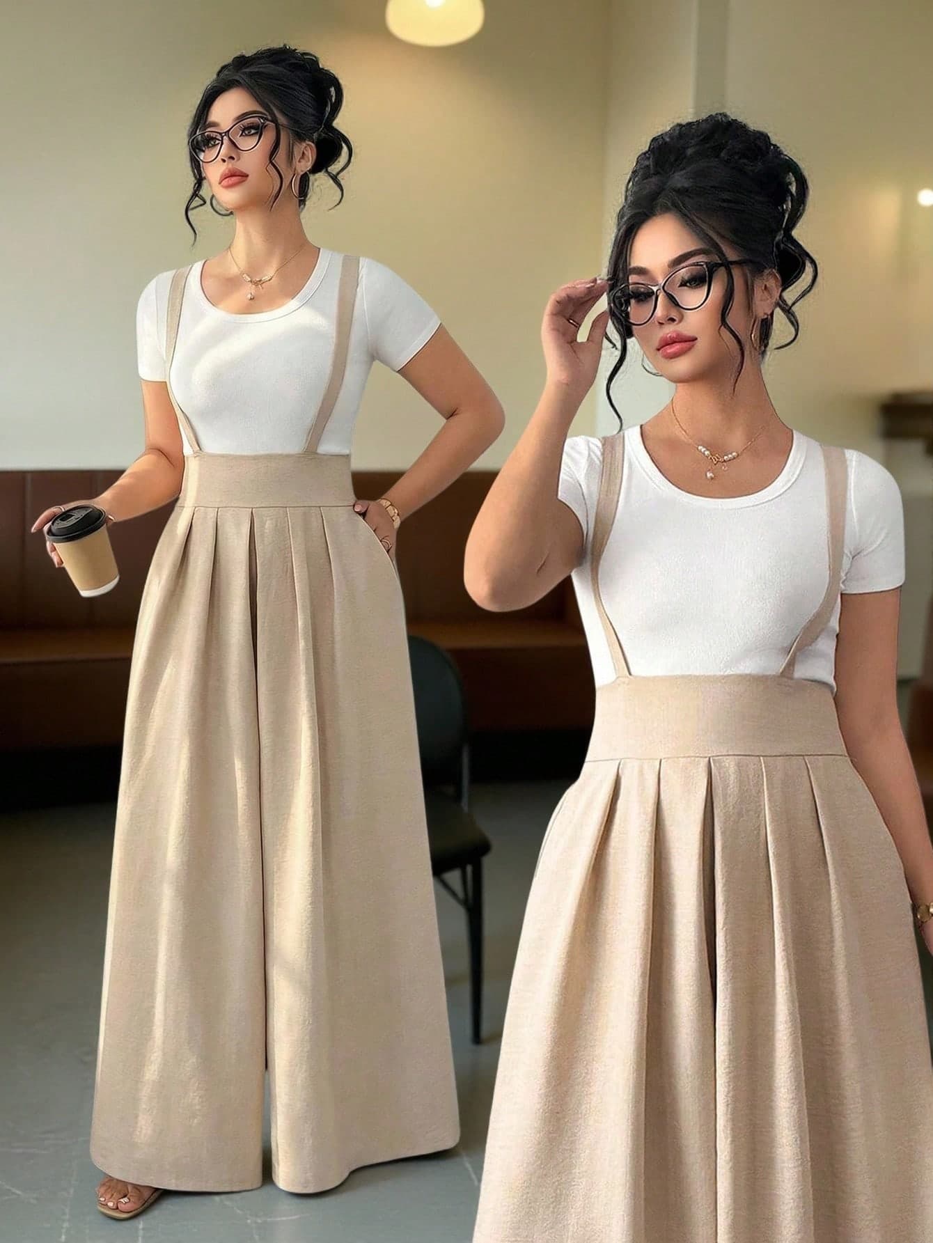 Elenzga Plus Size Linen-Like Textured High Waist Flare Leg Jumpsuit With Pockets, Elegant For Outings, Dates, Gatherings, Versatile Casual Wear, Commute Fall