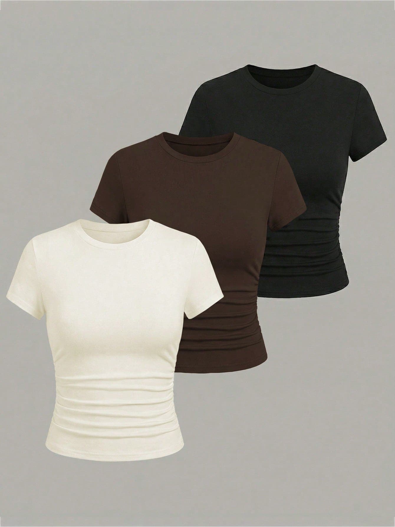 EMERY ROSE 3pcs Women's Casual Everyday Commute Minimalist Solid Color Ruched Fitted Short Sleeve T-Shirts Occasion White And Brown Summer