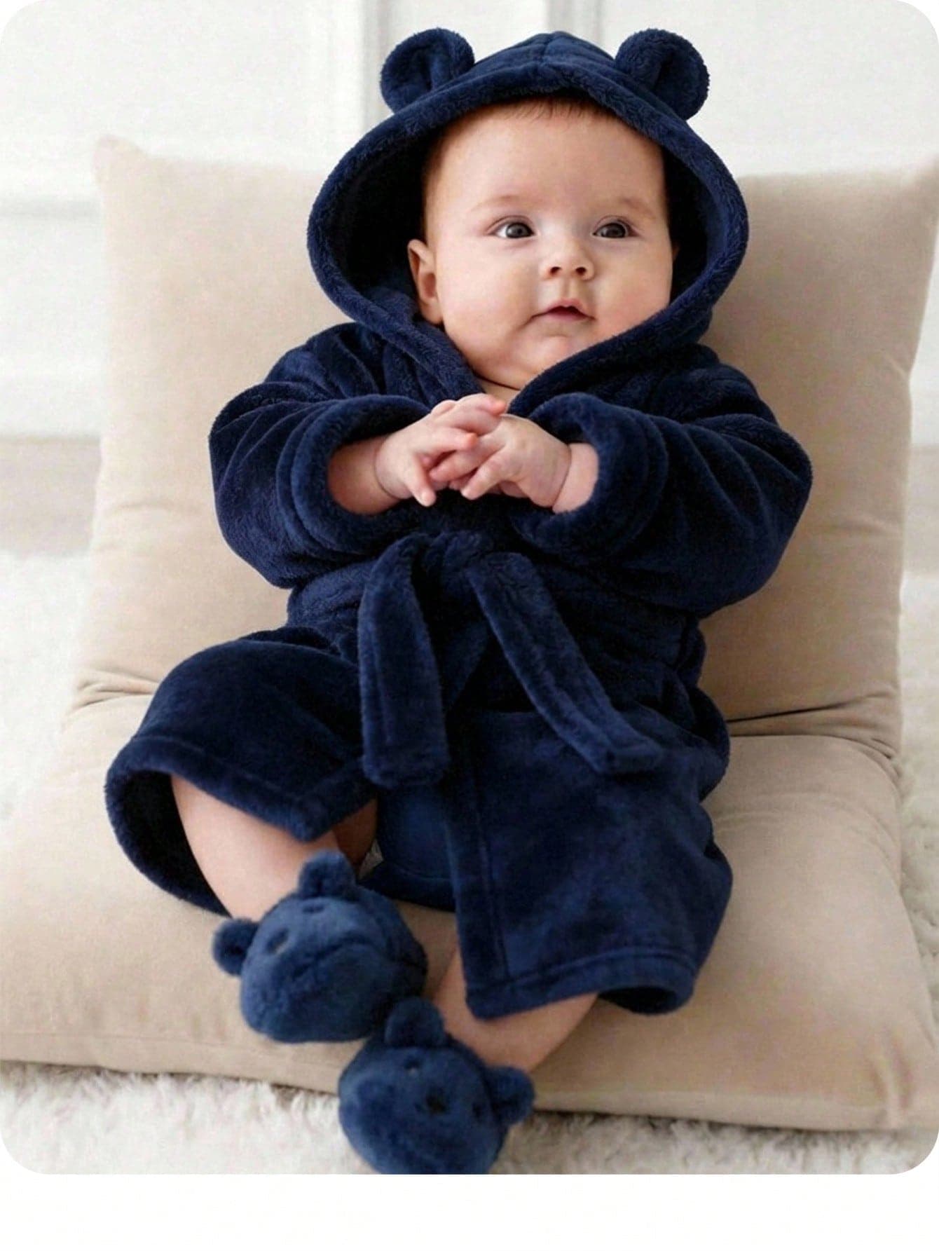 SHEIN Baby Boy Unisex Solid Color 3D Ear Hooded Long Sleeve Thick Flame Retardant Bathrobe