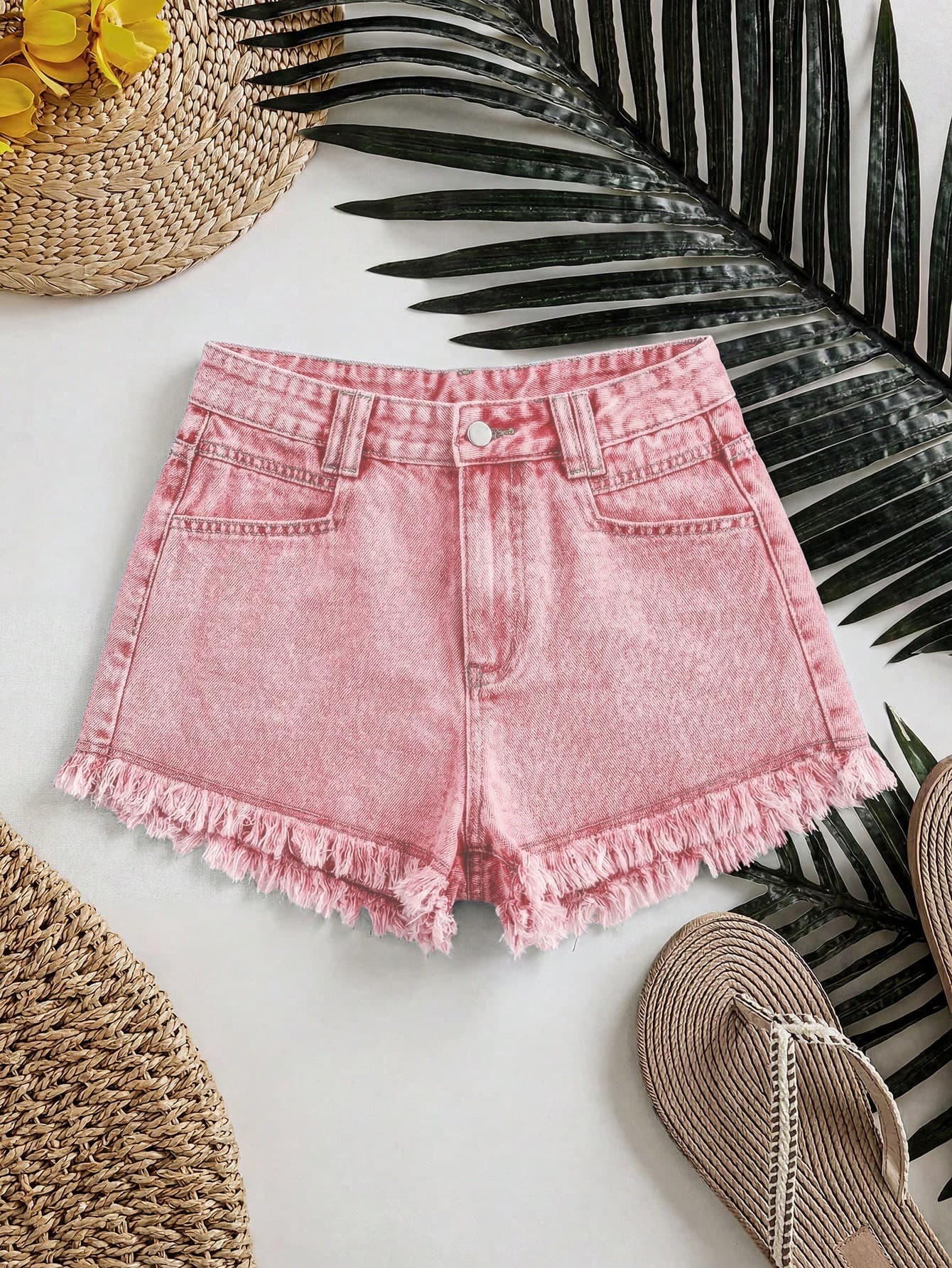 SHEIN Essnce Women's Casual Denim Shorts With Pockets And Frayed Hem, Versatile For Daily Wear