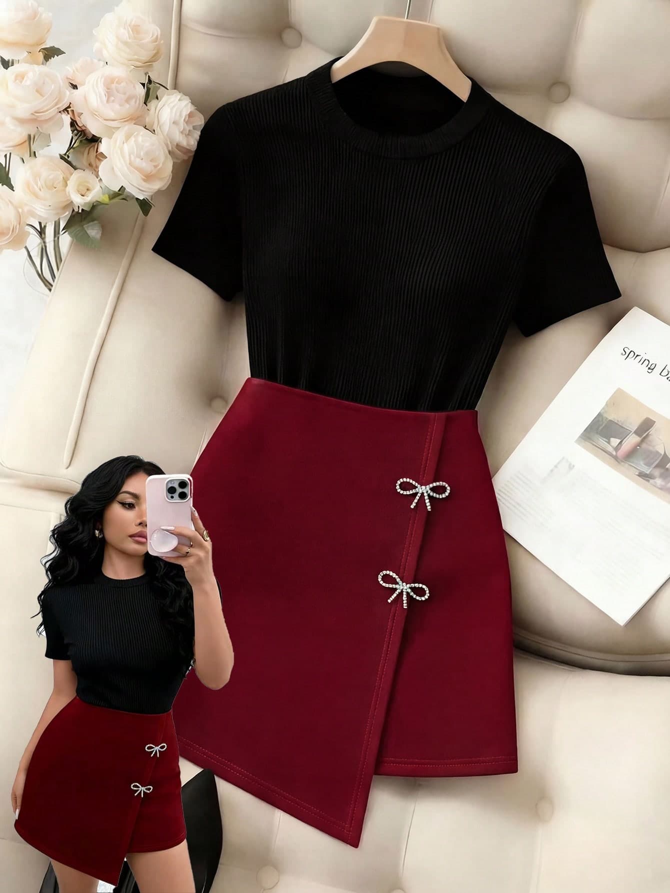 SHEIN Franclia Women Summer Elegant Two-Piece Set:Black Knit Round-Neck Short-Sleeved T-Shirt&Burgundy Rhinestone Bow Crossover Shorts Autumn Brunch French-Style