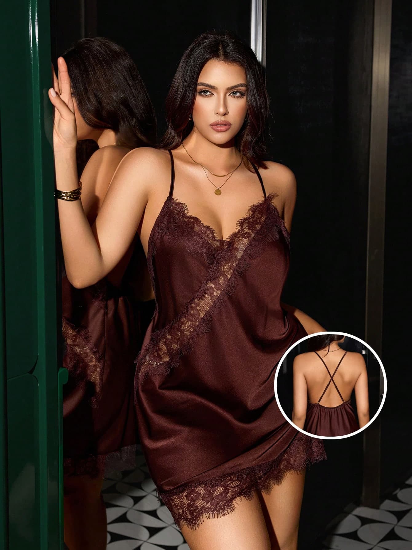 SilkySpell Plus Size Women's Sexy Deep V Slip Dress, Minimalist Lace Patchwork Hollow Out Alluring Nightgown