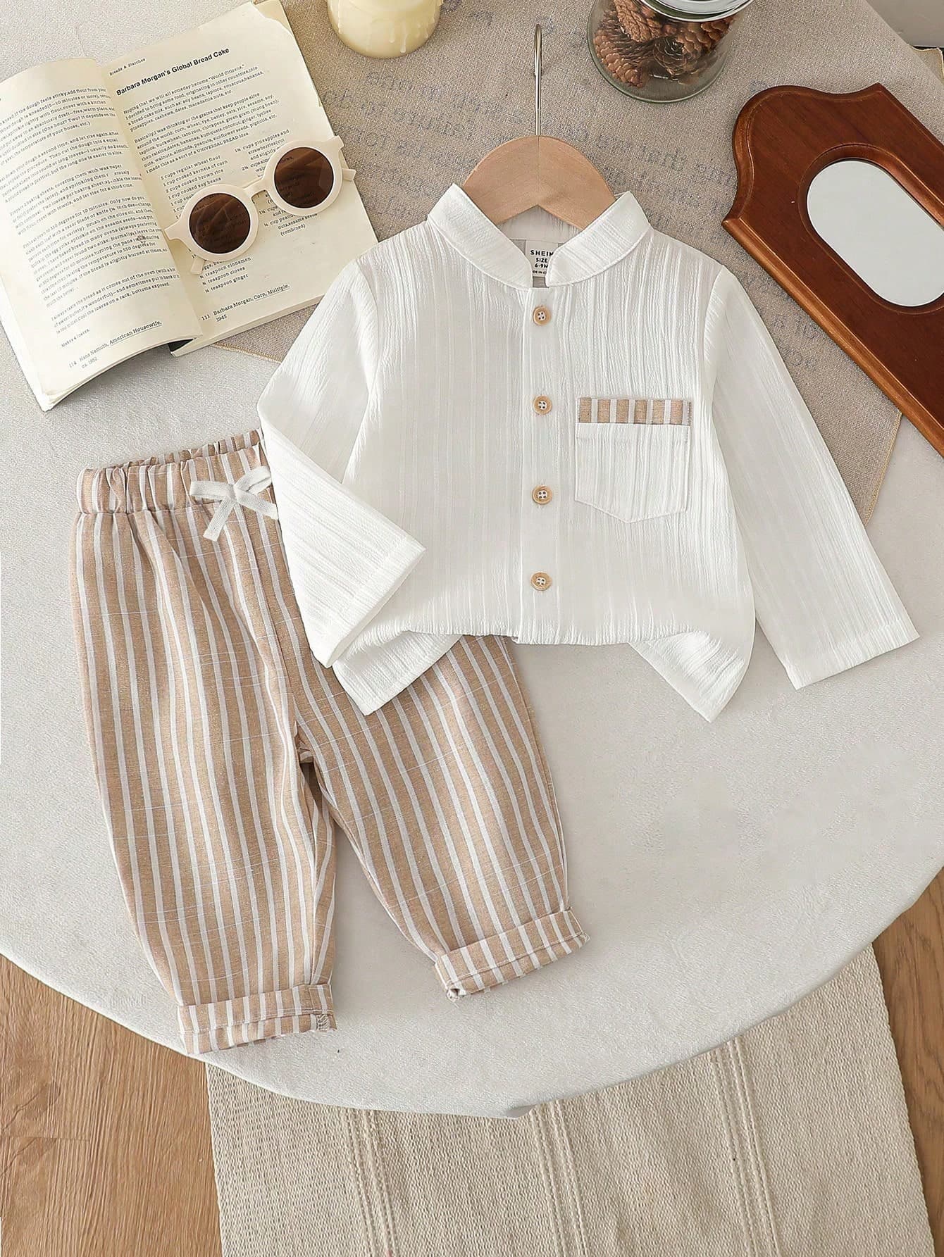 SHEIN Vintaside Kids 2pcs Baby Boys White Autumn Casual Matching Family Outfit Linen Set Collared Long Sleeve Shirt With Buttons Pockets & Elastic Waist Long Pants Suit