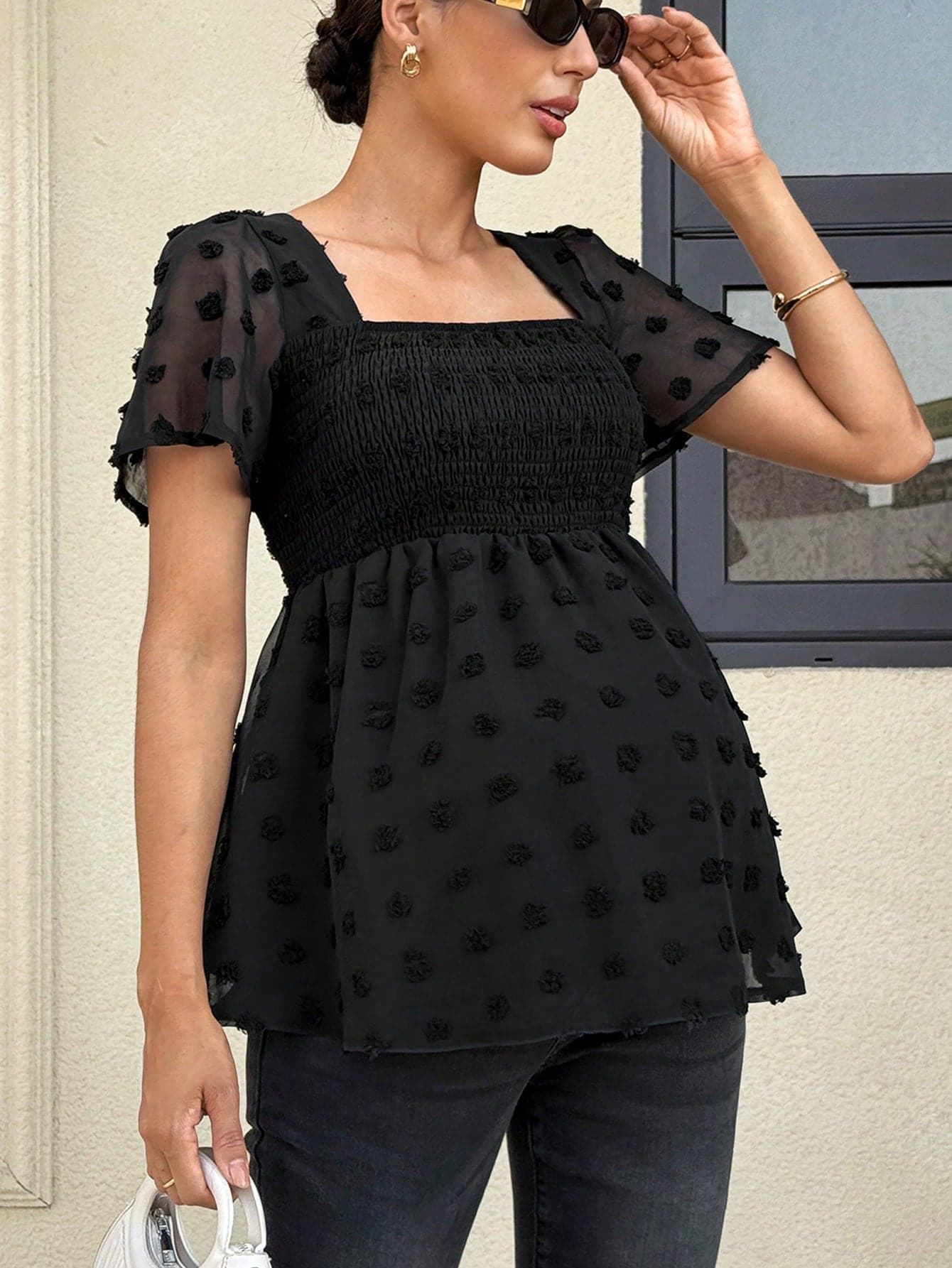 MaterniWear Summer Maternity Black Blouse,Elegant Formal Baby Shower Evening Top,Textured Swiss Dot Square Neck Short Sleeve Babydoll Work Eyelet Sheer Blouse