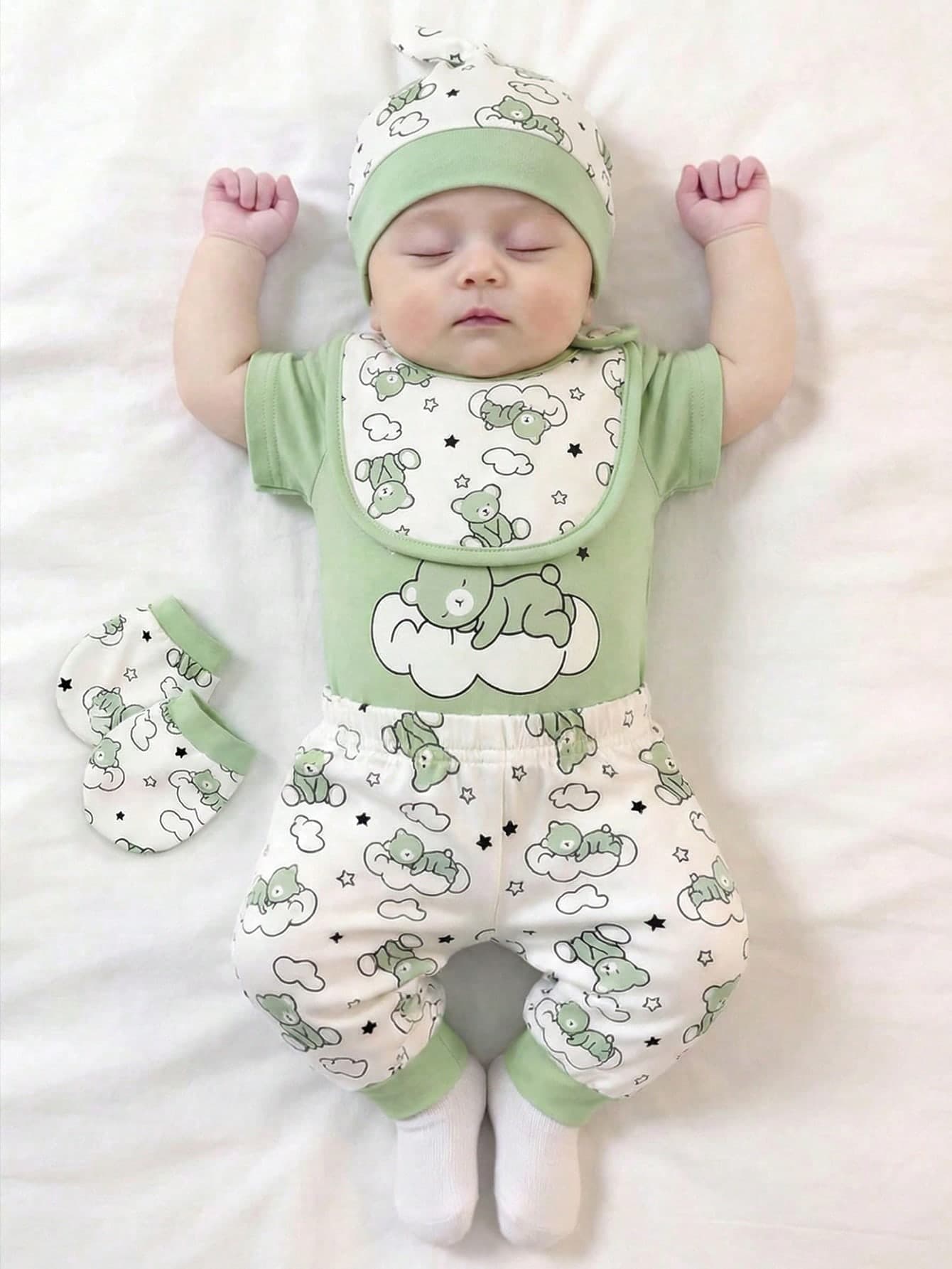 SHEIN 5pcs/Set Newborn Baby Boy Summer Outfit Cute Bear Print Knit Romper Pants Hat Bib Gloves White Casual Graphic Holiday Home Wear Gender Neutral Clothes