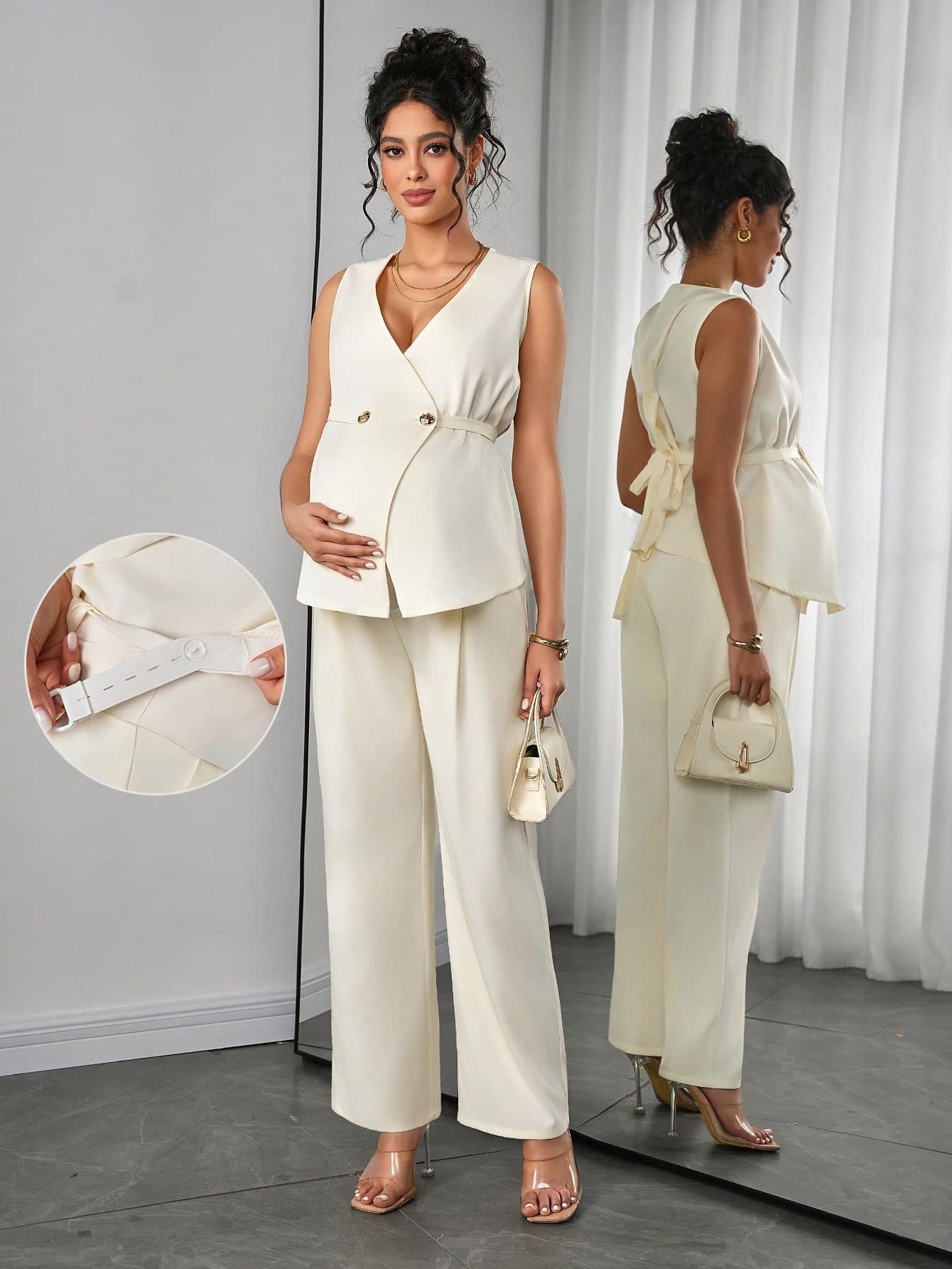 Momance 2pcs Maternity Summer Commuting Double-Breasted Vest And Pants Set
