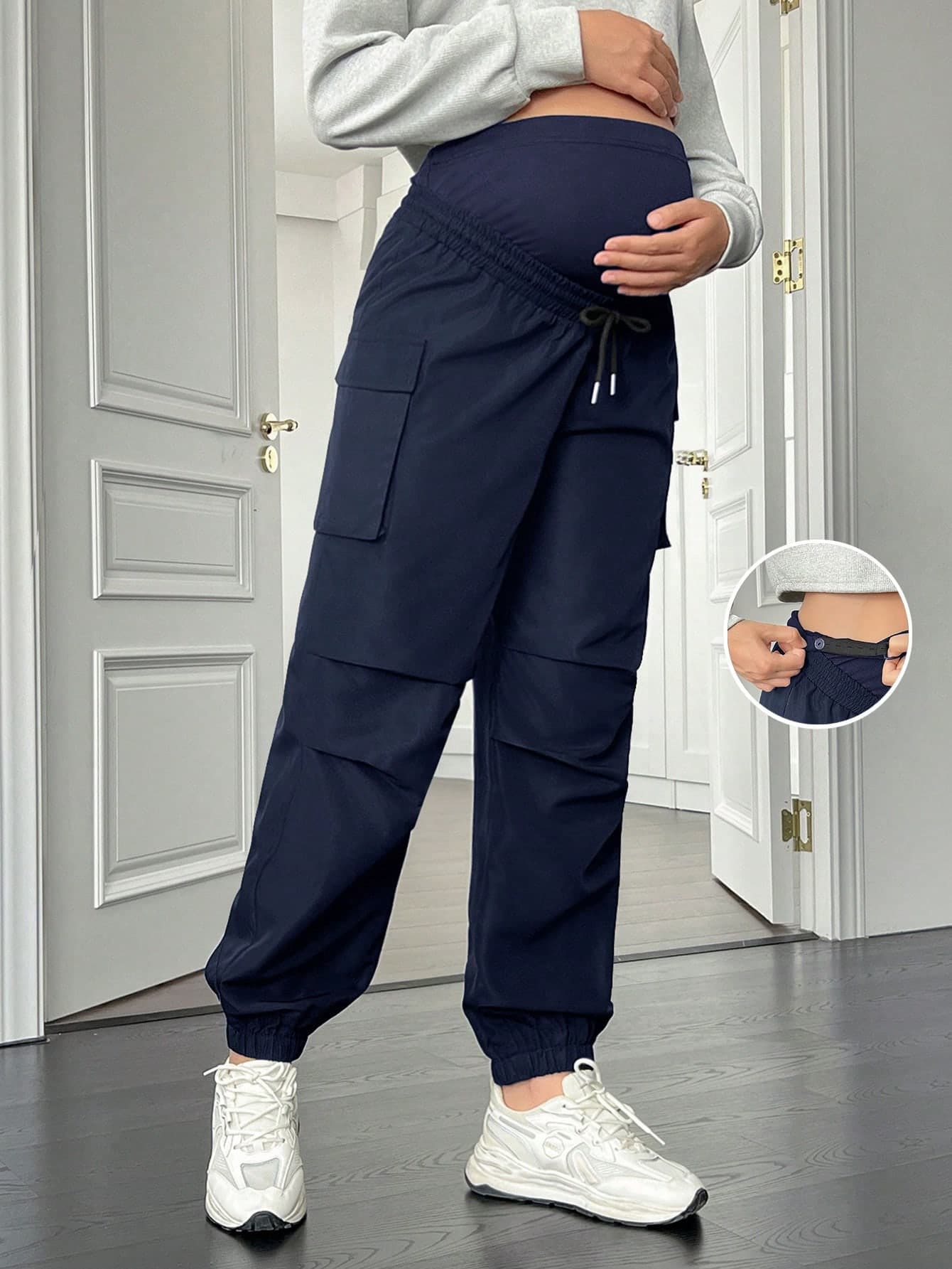 SHEIN Pregnant Women's Casual Solid Color Drawstring Waist Ankle-Tied Cargo Pants Spring Navy Blue Fall
