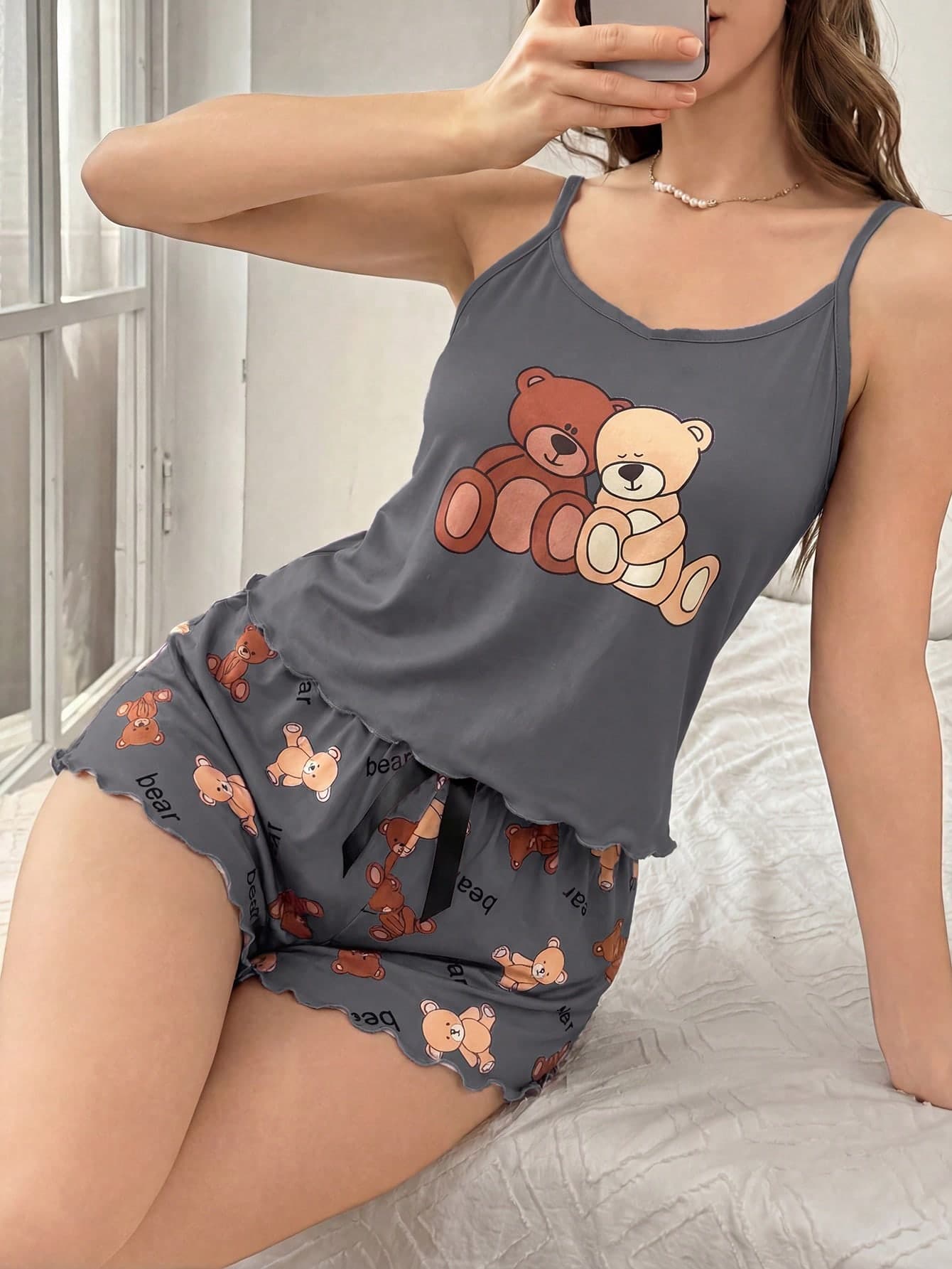 DUSKBASE 2pcs Bear Print Camisole And Shorts PJS PJSs For Women Sleeveless Cute Sleep Wear Women Teddy Bear PJS PJS Tank Top Tank Top Pj Set