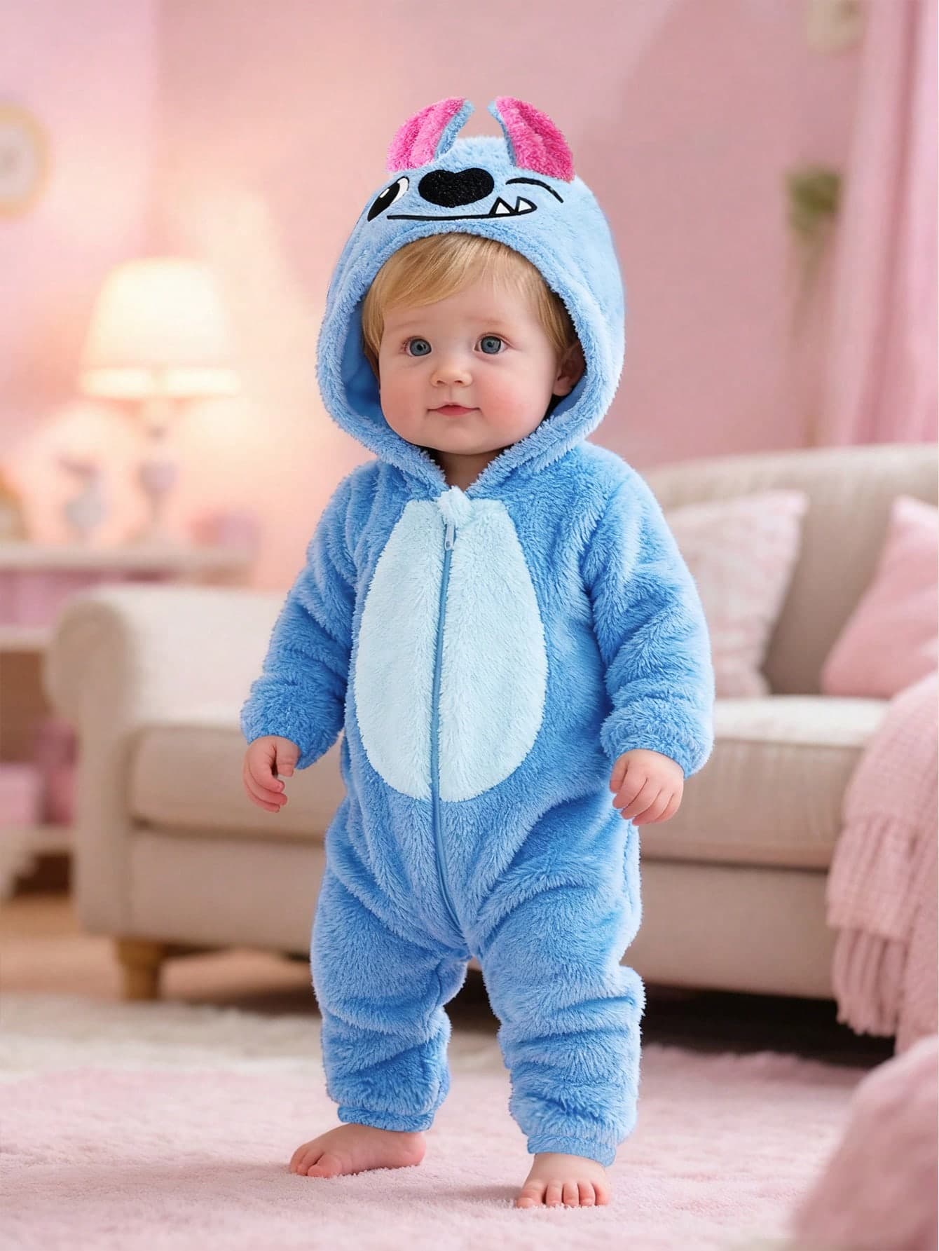 SHEIN Toddler Baby Boy/Girl Fleece Hooded Rompers,Aqua Blue Winter Cute Modest Bodysuits,Big Ear Design Thickened Jumpsuit For Home Sibling Matching,Sports