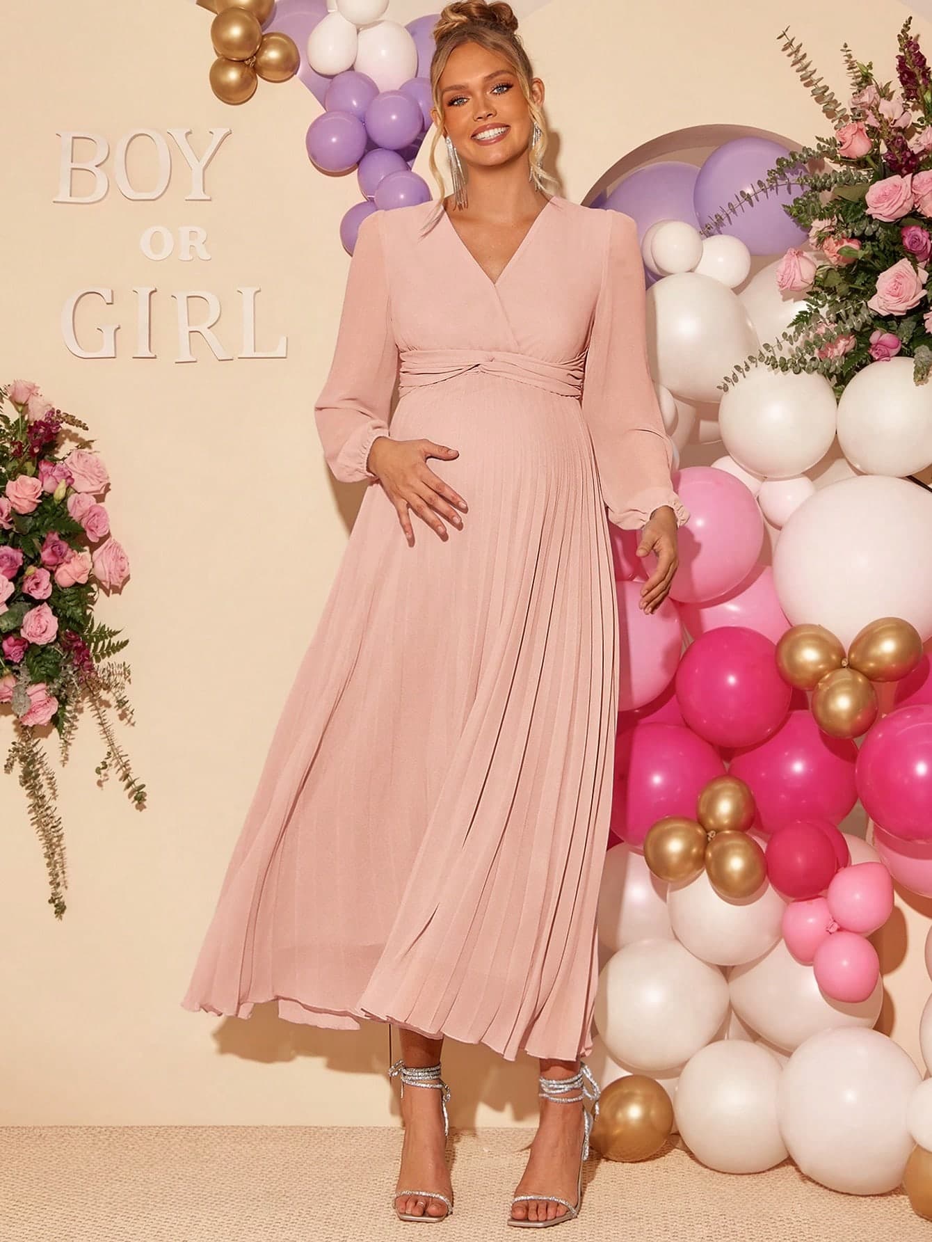 Loomaby Elegant Party Solid Color Lantern Sleeve Pleated Maternity Dress Fall