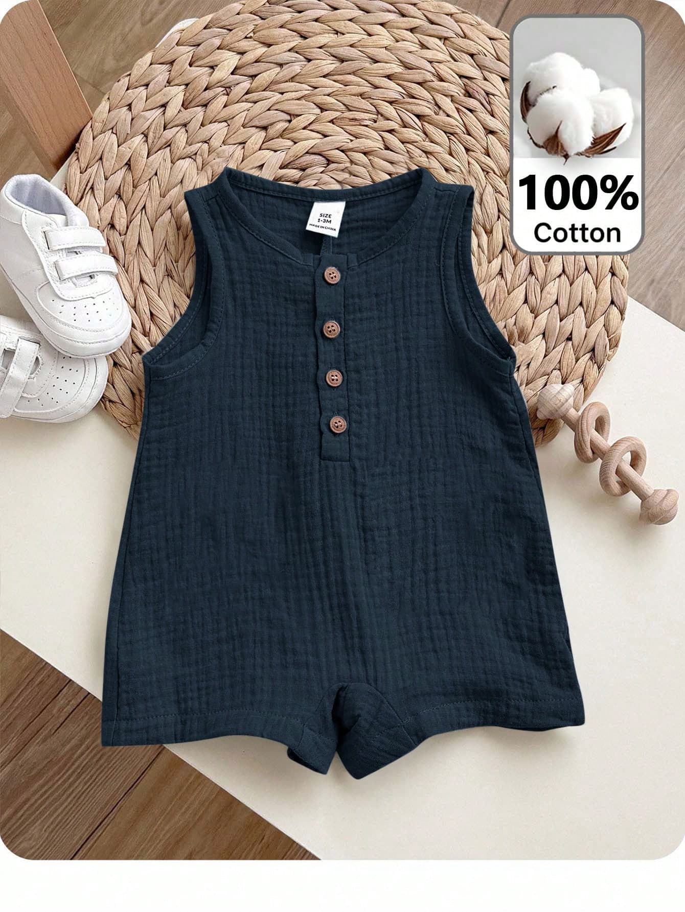 Newborn Baby Boy Navy Blue Summer Casual Work Sleeveless Romper,100% Cotton Toddler Clothes For Birthday Party,Wedding,Baptism,1st Birthday Shower