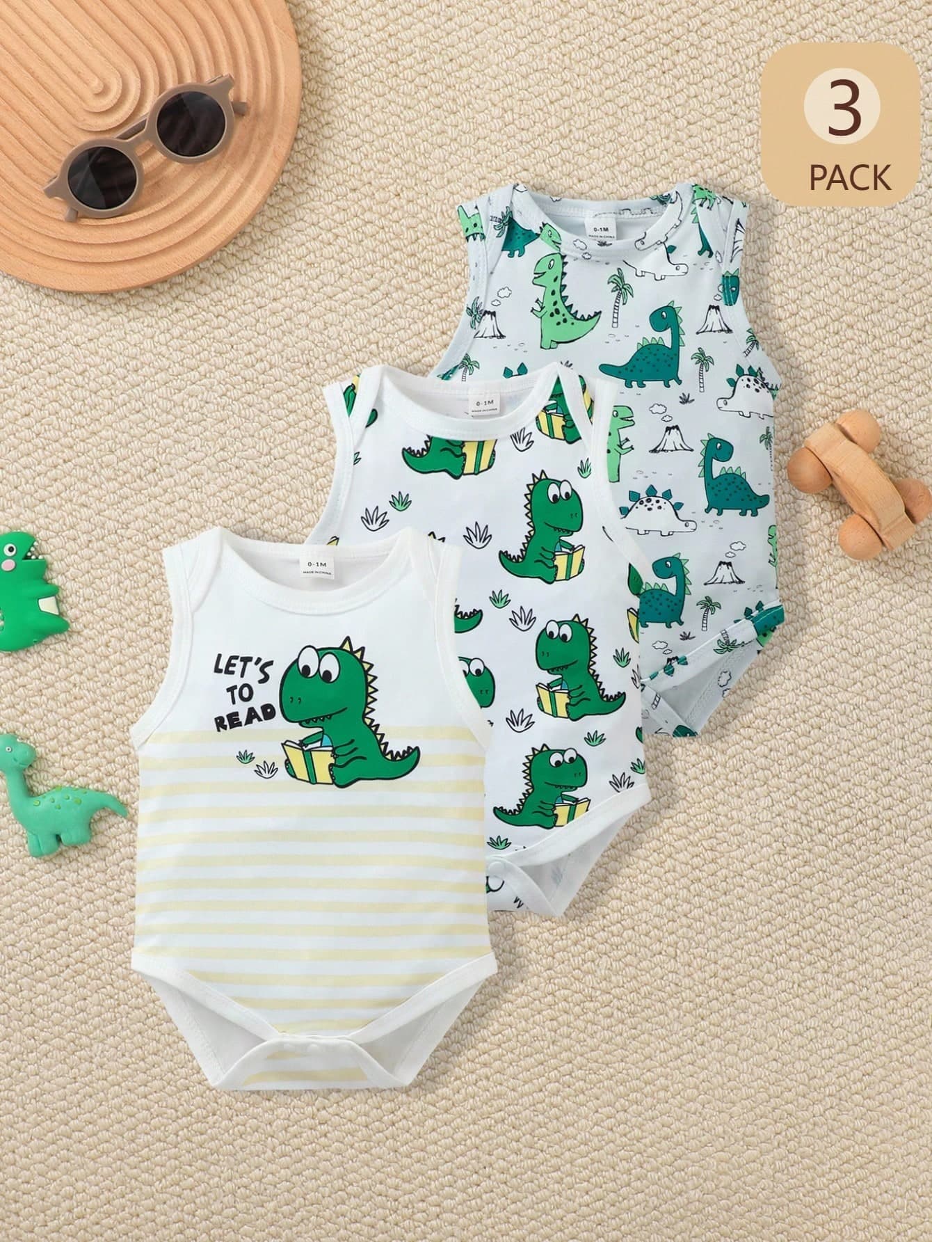 SHEIN Playful Pals 3pcs Baby Boys Summer Blue Cute Ocean Creature Print Romper
