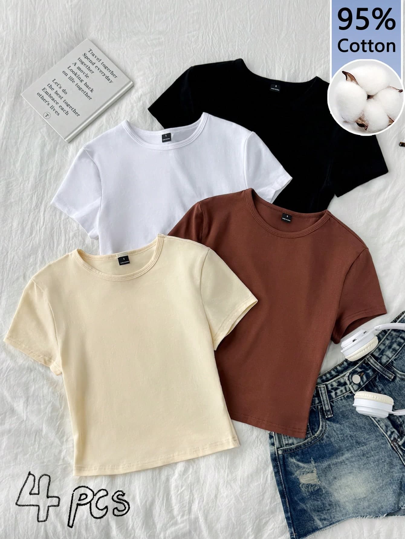 Tseoso 4pcs Set Women Crew Neck Short Sleeve Fitted T-Shirts,95% Cotton Basic Crop Tops,All Shades Of Brown,Summer,Casual,School,Back-To-School,Softgirl Cute