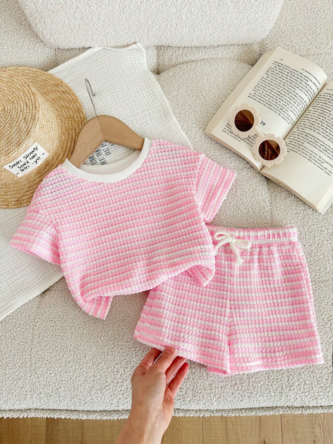 LMoss Kids 2pcs Baby Girl Knitted Striped Round Neck T-Shirt And Shorts Set Summer Sets Pink Short Set Girl Short Sets Pink Two Pieces Set Baby Girl