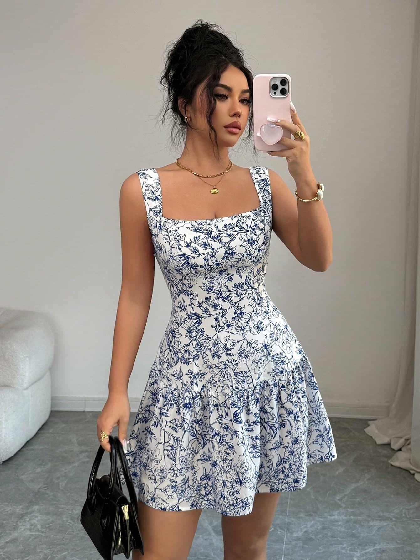 Rafferiza White And Blue Floral,Summer,Elegant,Date Women's Square Neck Ditsy Floral Ruffle Waist A-Line Dress,Fashion Cute Picnic Tea Party Casual Mini Dress