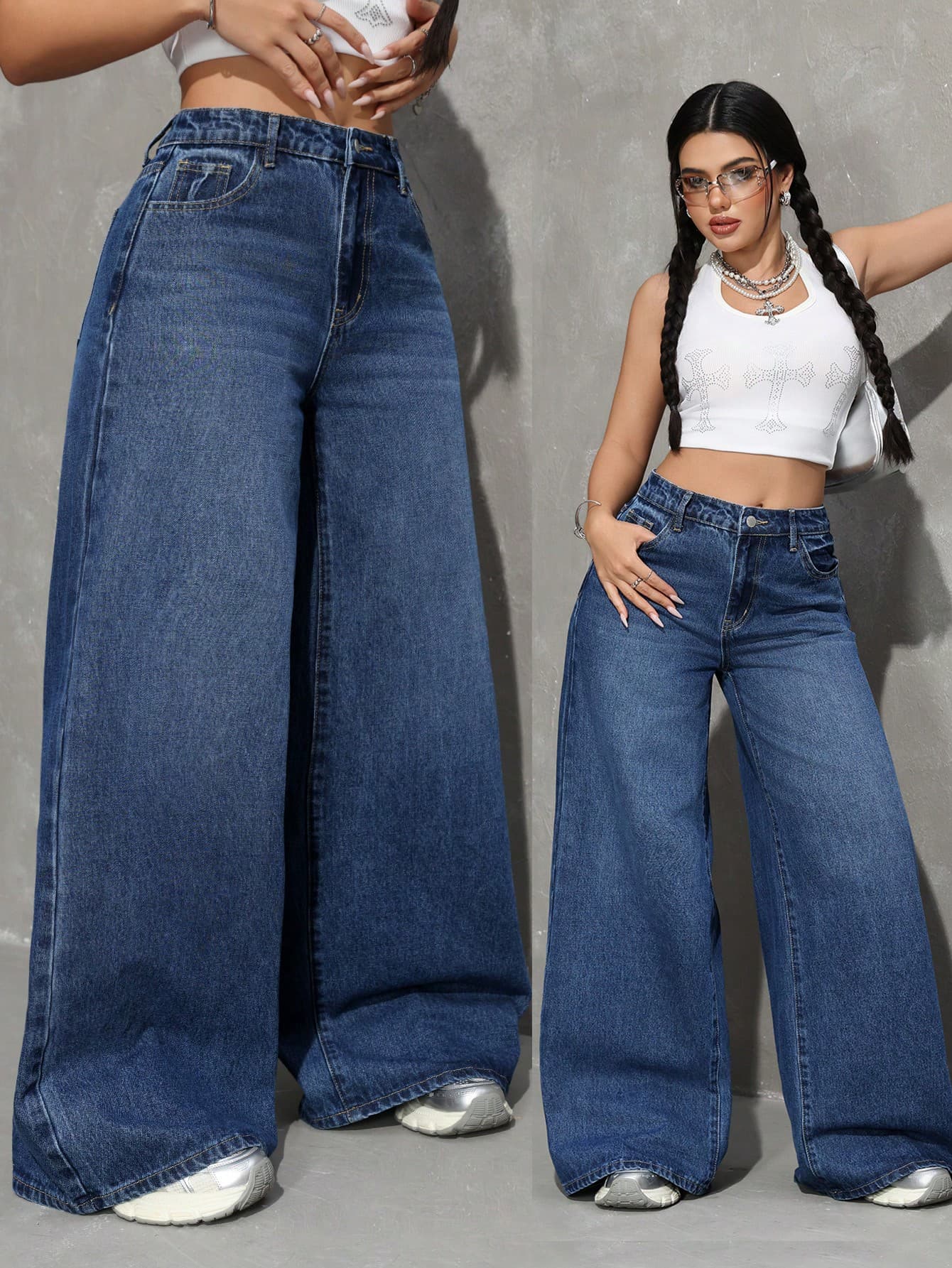 SHEIN Tall Summer Women's Casual Daily Commuting Going Out Pocket Button Casual Versatile Daily Wear Wide Leg Blue Jeans