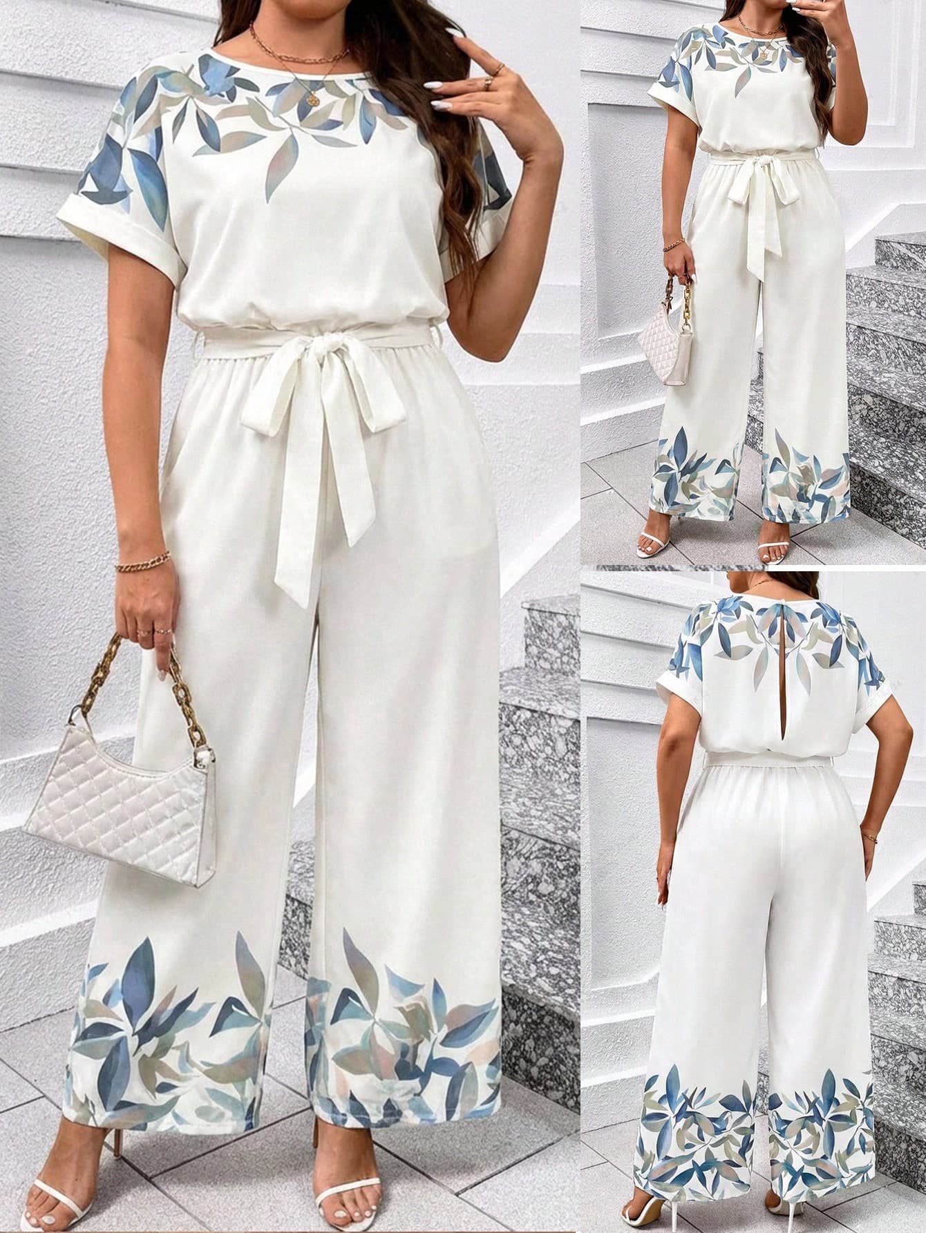 SHEIN Clasi Plus Size Elegant Round Neck Jumpsuit With Waist Belt,Wide Leg For Women,Summer Holiday Tea Party White And Blue Floral Picnic Graduation Outfit