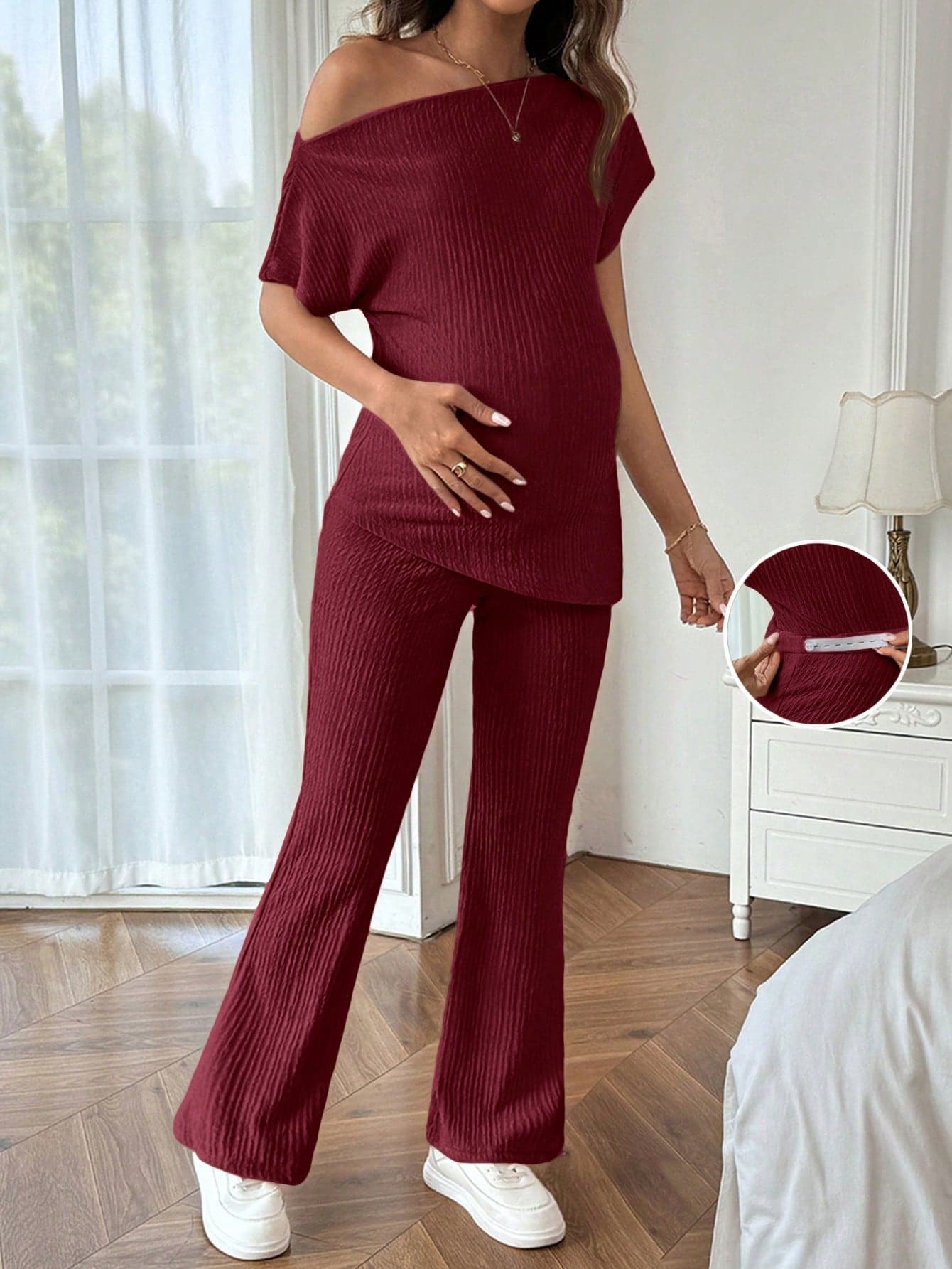 SHEIN 2pcs Maternity Asymmetrical Neck T-Shirt And Pants Set