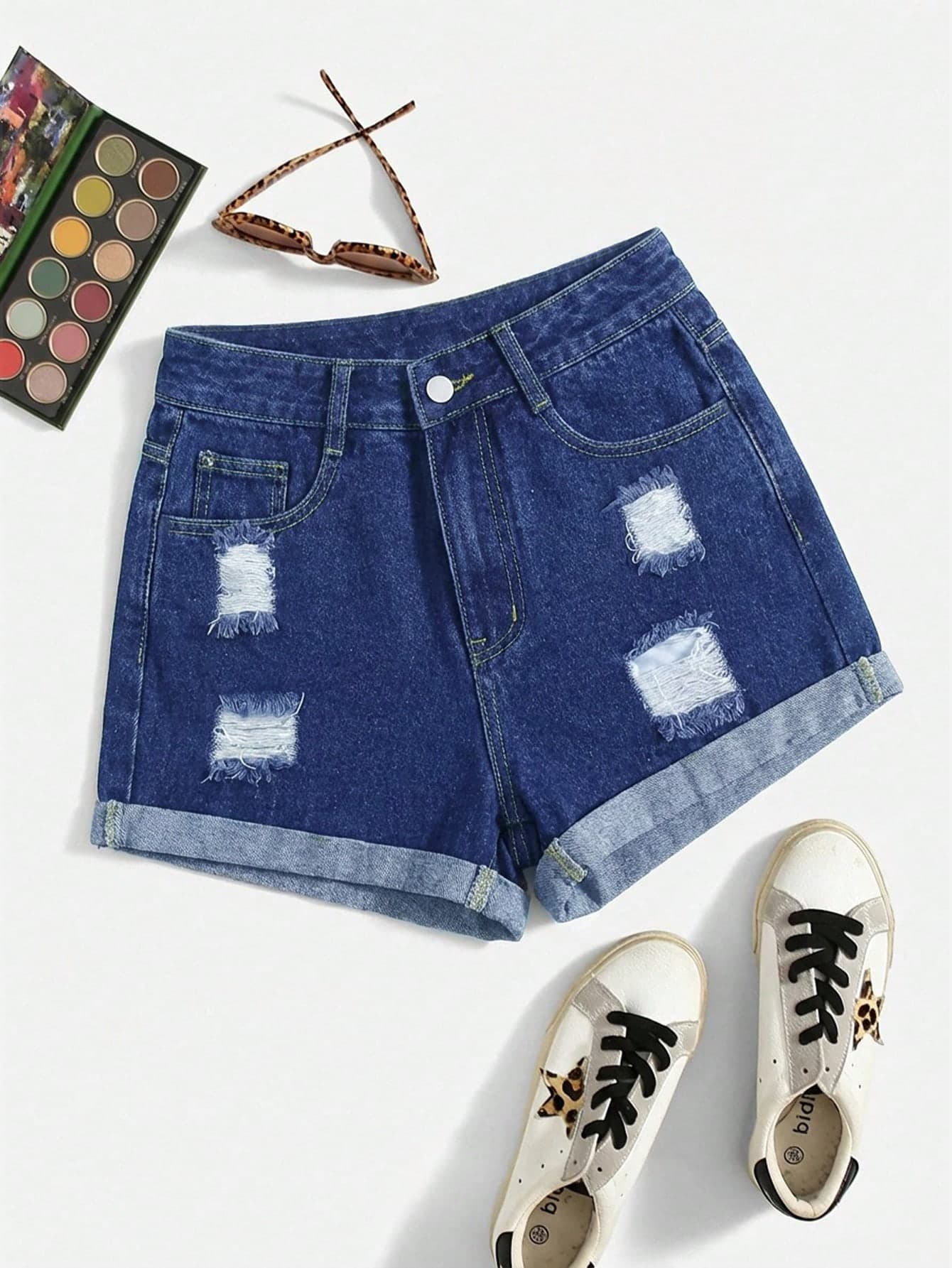 GlowEve Summer Vacation Y2K Streetwear High Waist Distressed Dark Indigo Denim Shorts With Cuffed Hem Daily Wear & Going Out Women's Denim Shorts