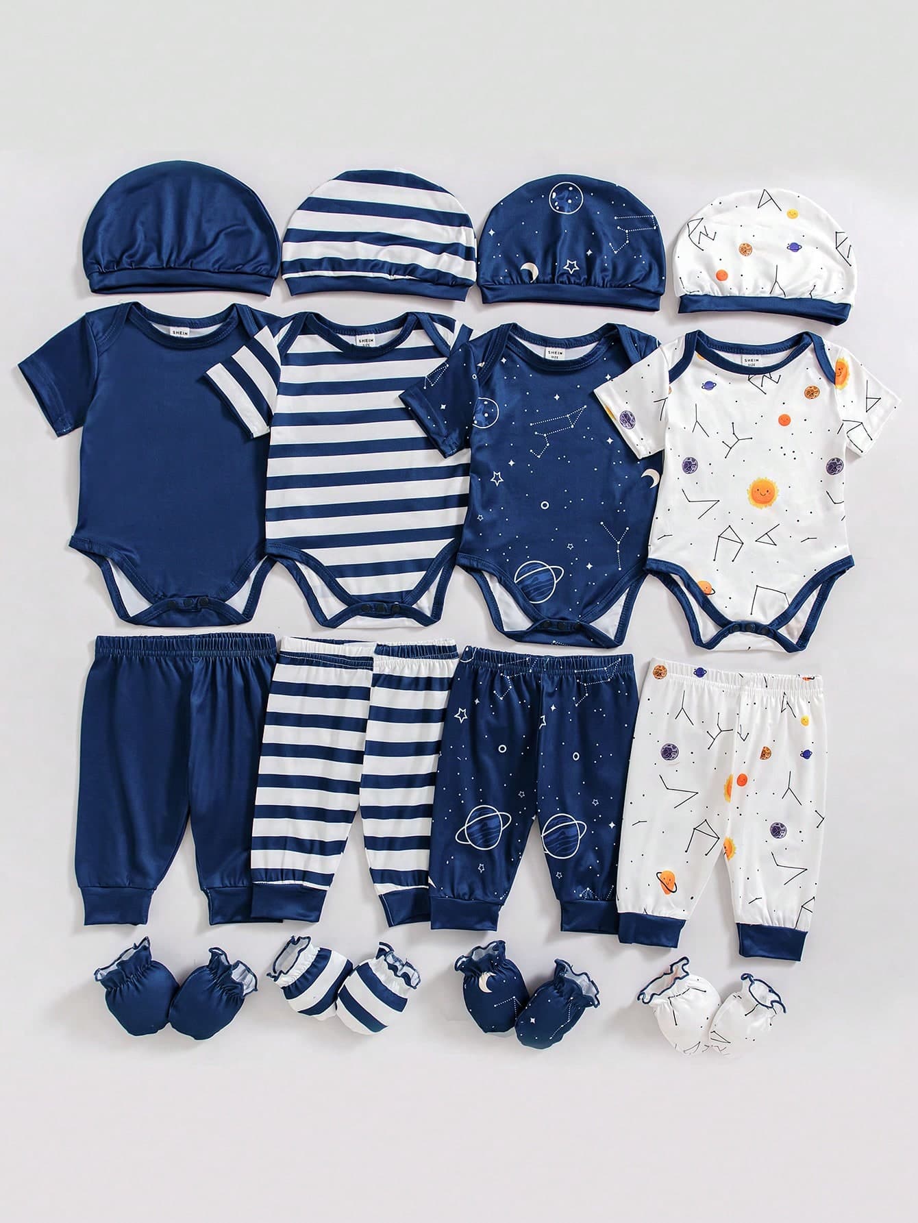 SHEIN Playful Pals 16pcs/Set Newborn Baby Boys Cute Space & Stripe Print Short Sleeve Bodysuit, Pants, Hat, Gloves Outfit, Spring Summer