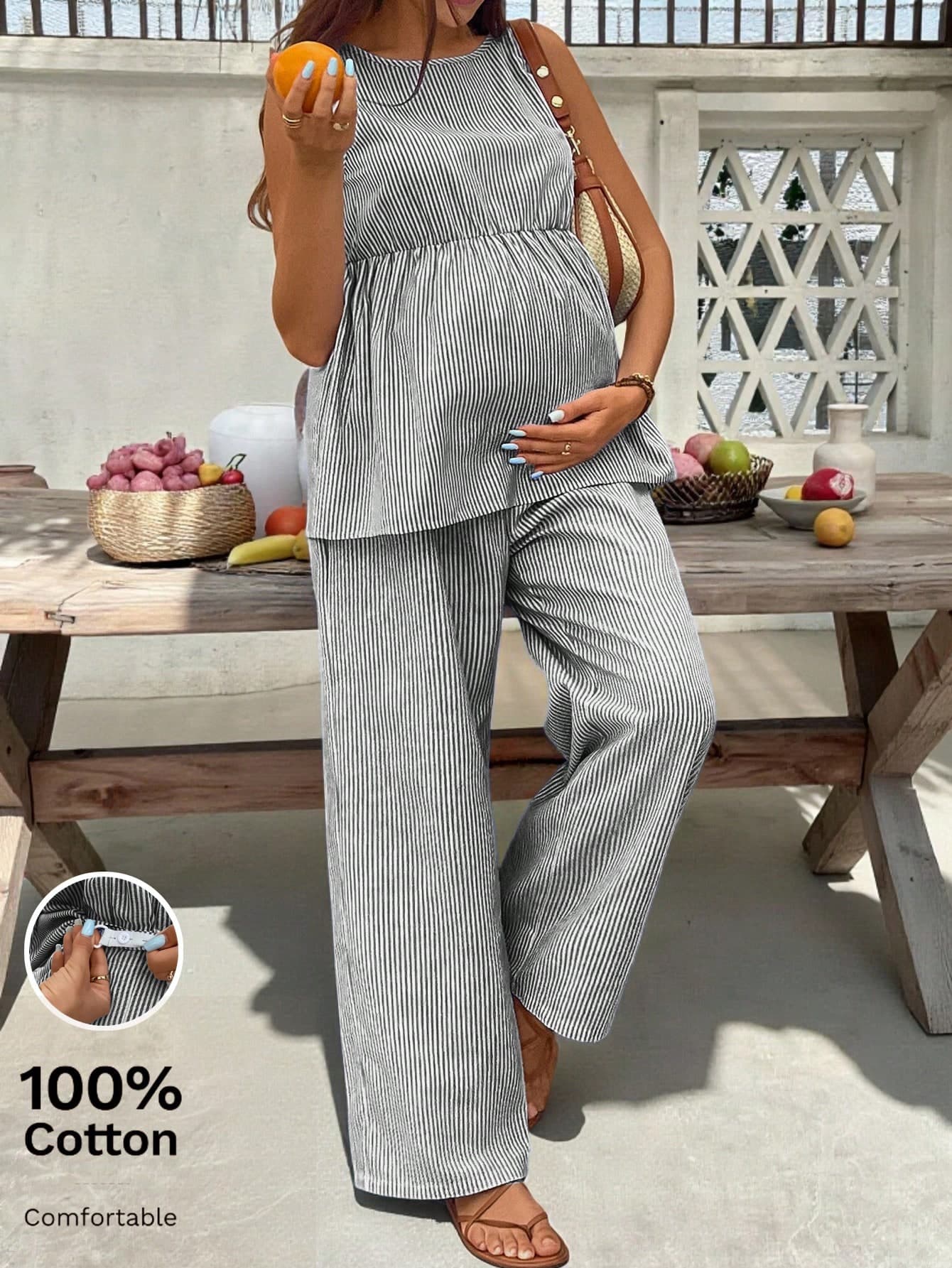 SHEIN 2pcs Maternity Striped Ruched Top And Adjustable Waist Casual Outfit