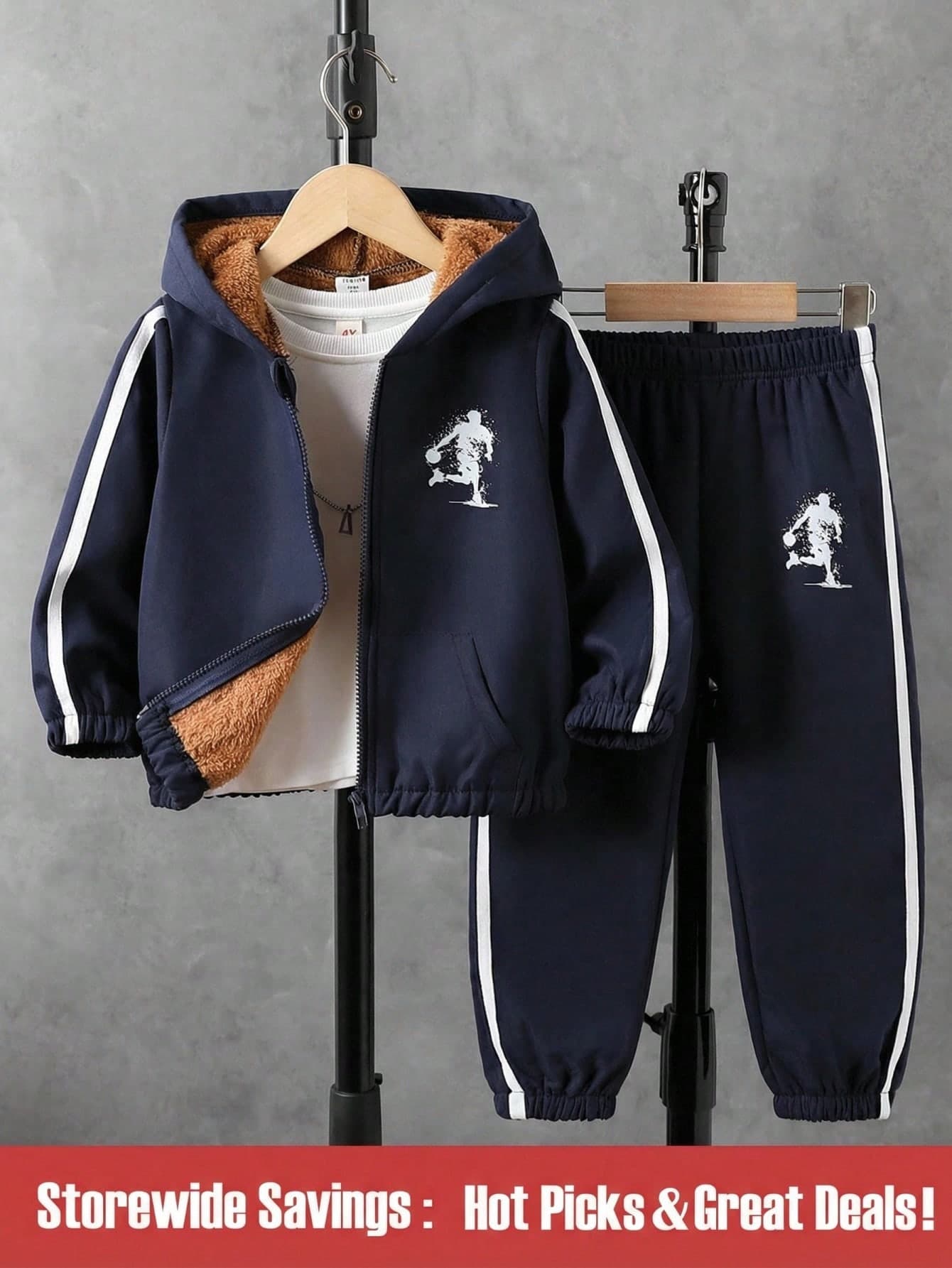 2pcs/Set Young Boy Casual Football Print Fleece Zip-Up Jacket Pants Set,Suitable For Outdoor Activities,Winter,Career Day,Back-To-School