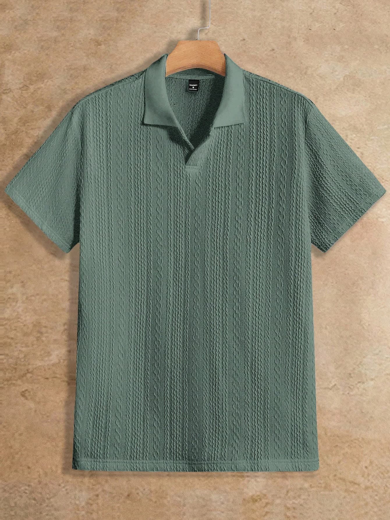 Manfinity VCAY Men's Sage Green Summer Polo Shirt,Smart Casual Office Johnny Collar Textured Waffle Knit Short Sleeve,Old Money Fashion Commuting Buttonless Top
