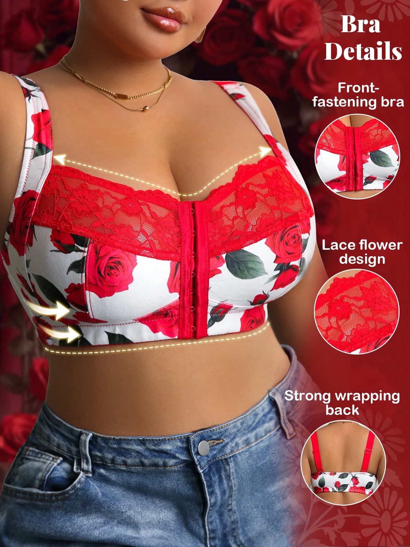 DesireSculpt Plus Size Lace Print Patchwork Comfortable Wide Strap Wireless Front Closure Supportive Bra Fastening Flower Design Push Up