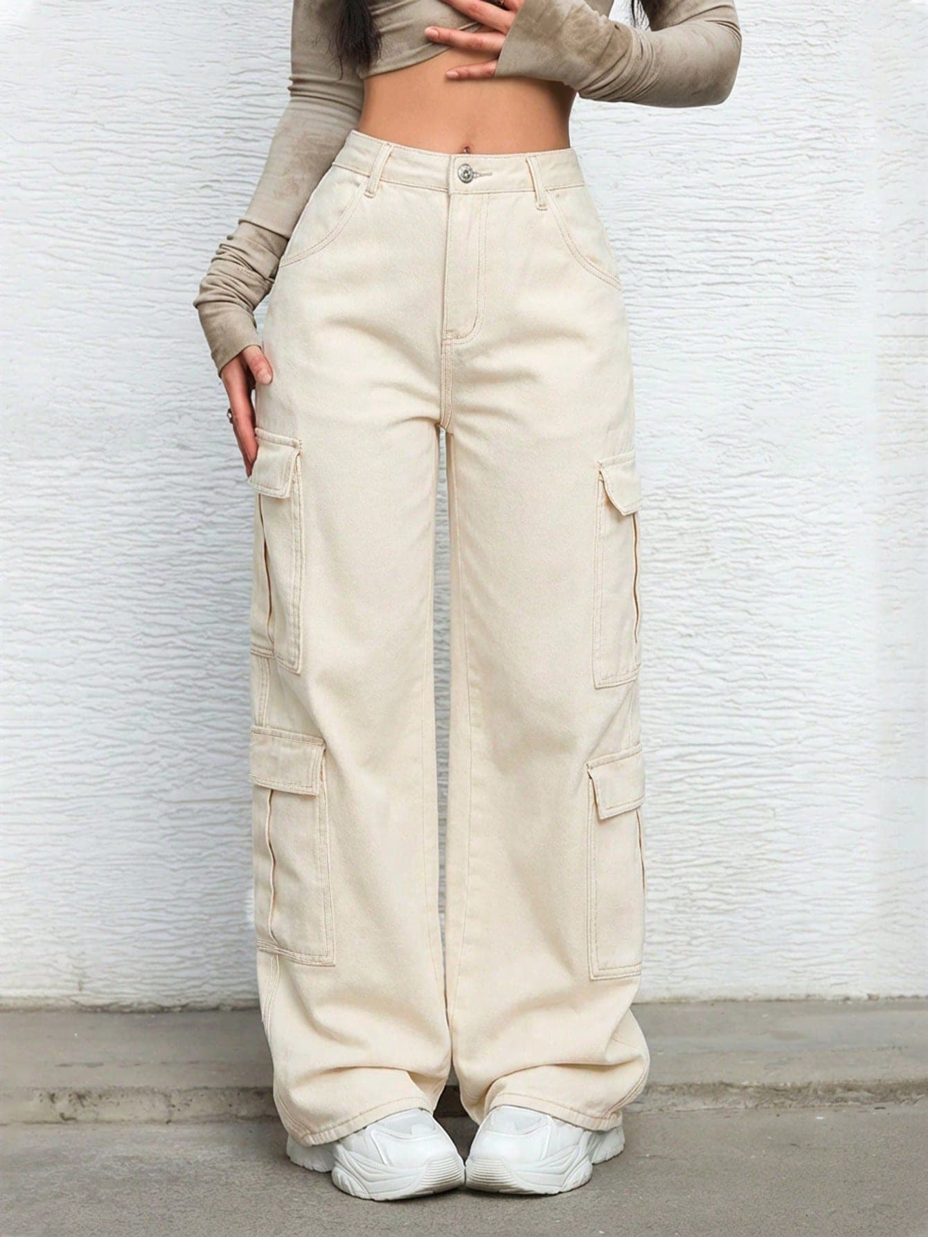SHEIN EZwear Women's Summer Zipper Fly Flap Pocket Cargo Jeans