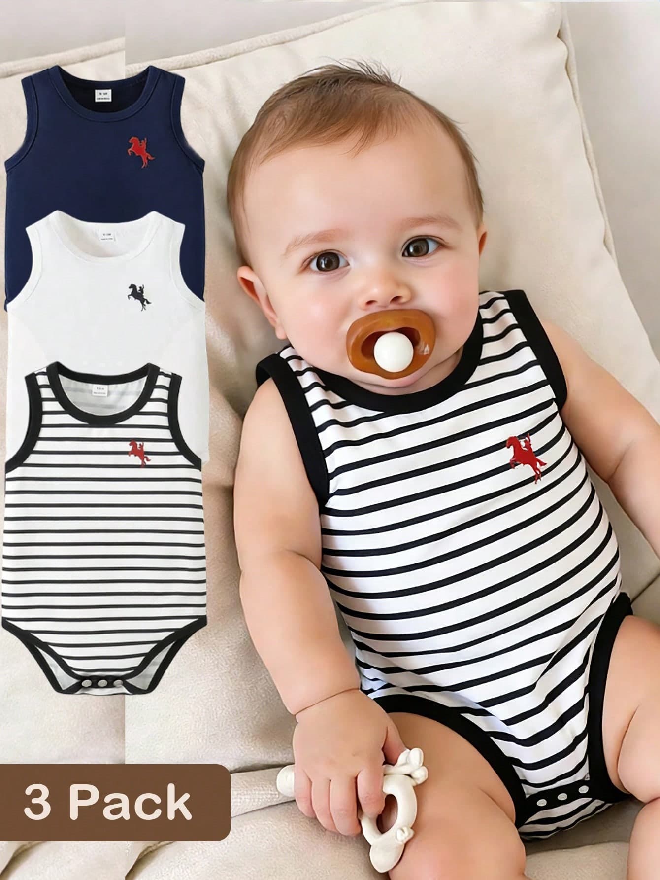 Souflis Souflis 3pcs/Set Baby Boys' Casual Romper Outfit With Animal Horse Graphic Crew Neck Sleeveless
